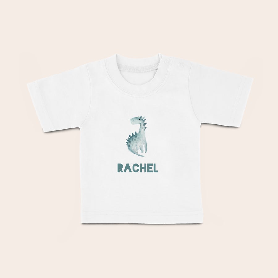 T shirt bébé personnalisé T-shirt bébé blanc personnalisé avec un dinosaure et le prénom Rachel