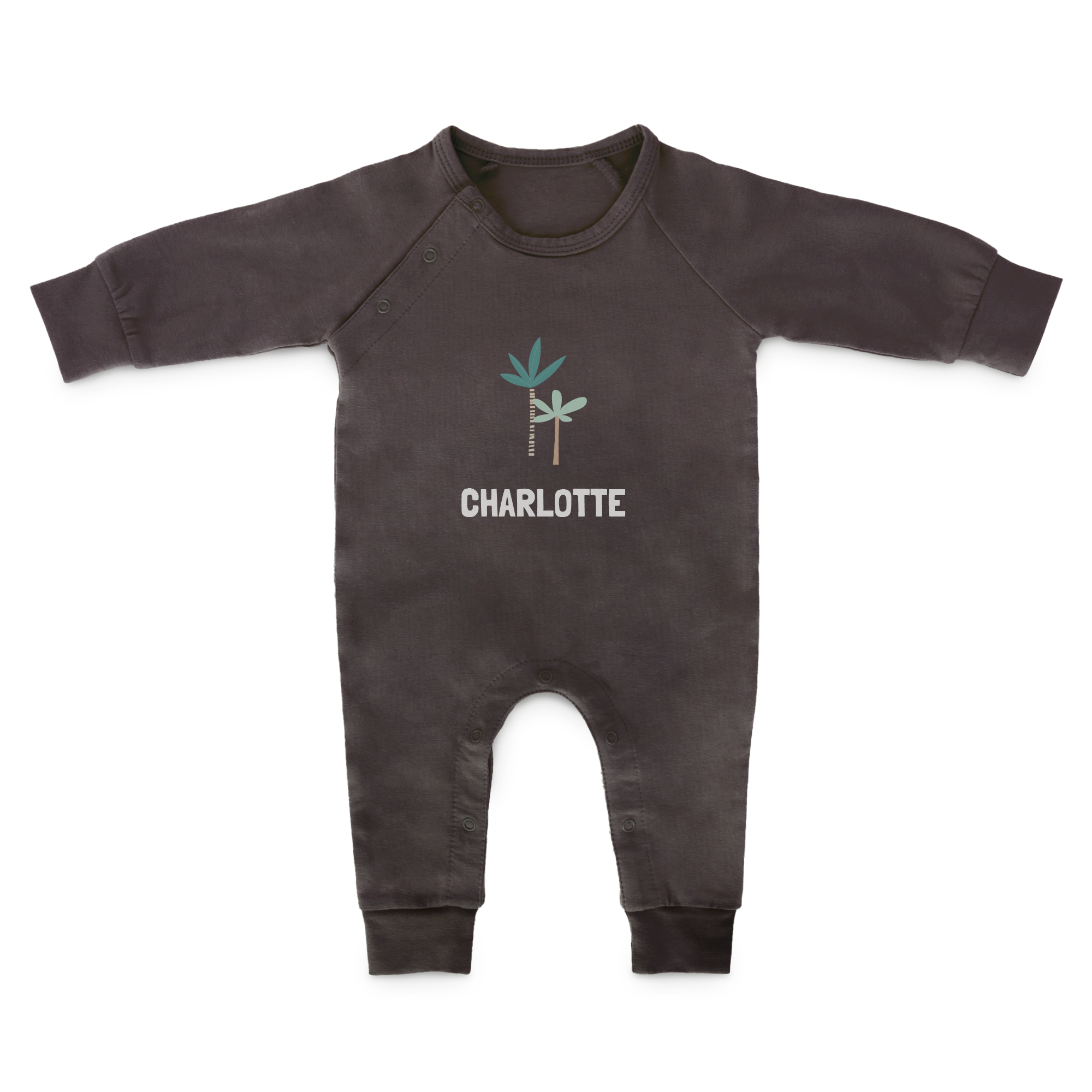 Brown personalized babygrow with palm tree print and the name CHARLOTTE printed in white