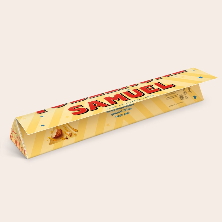 Toblerone Vaderdag met naam Gepersonaliseerde Toblerone reep - Vaderdag - Large met naam Samuel en tekst "ik hou van je pap", speciaal voor Vaderdag.
