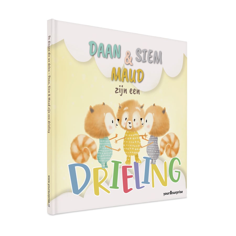 Babyboek "Tweelingen of Drielingen" personaliseren Gepersonaliseerd voorleesboek voor drieling, met namen Daan, Siem en Maud en illustraties van eekhoorns, vier de geboorte van de liefste drieling.