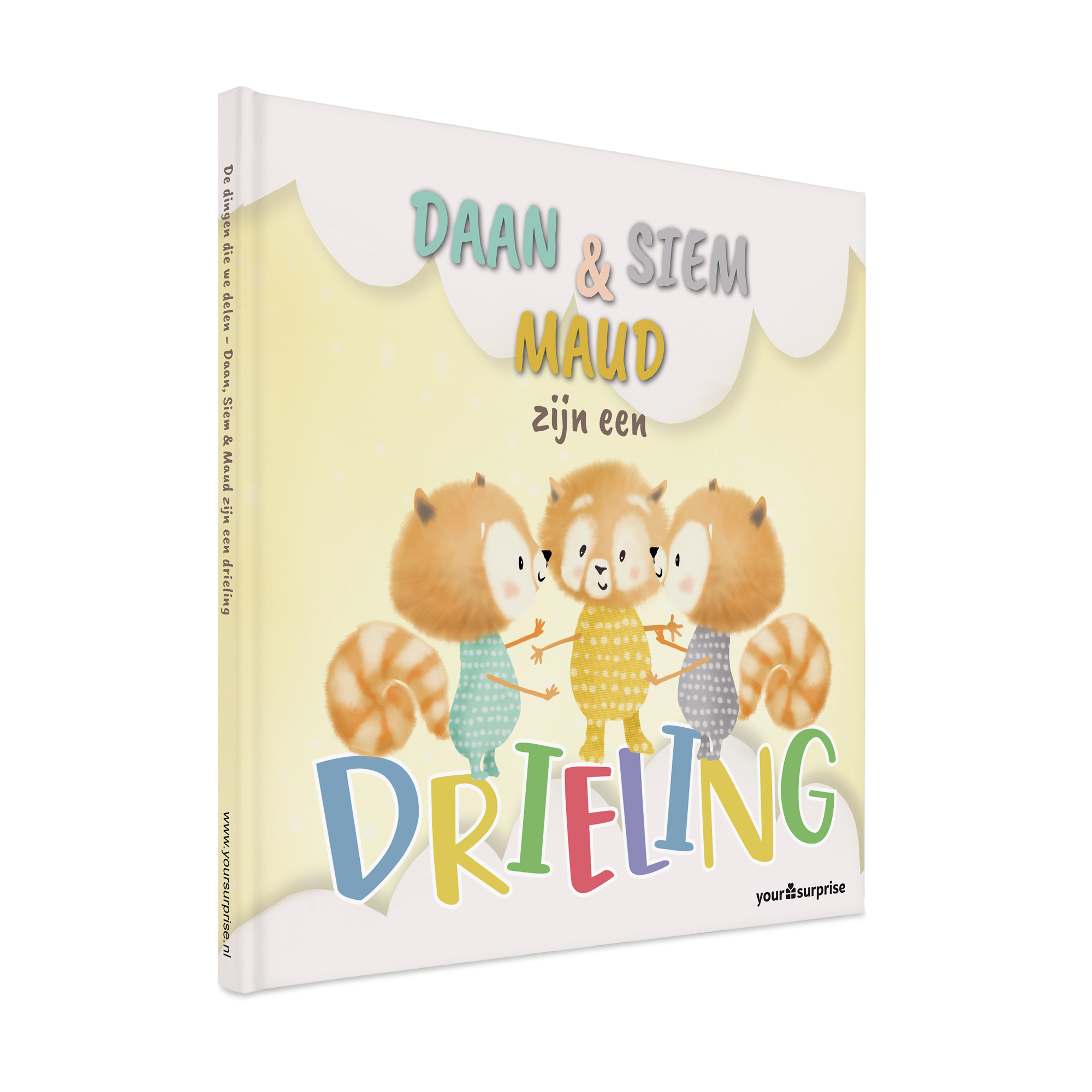 Gepersonaliseerd kinderboek over een drieling, met de namen Daan, Siem en Maud op de kaft, een mooi cadeau voor een drieling.