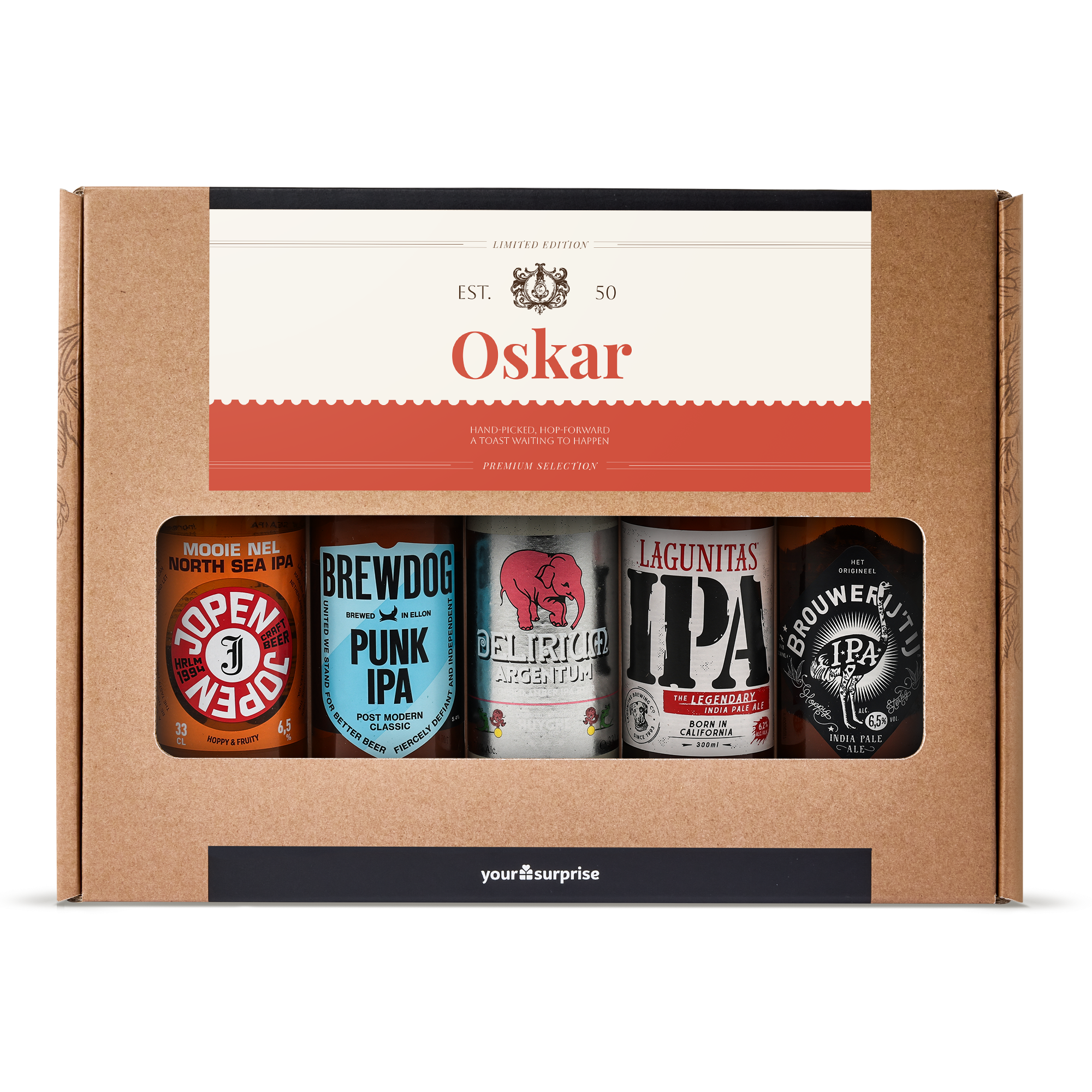 Ein personalisiertes Mikrobrauerei-Biergeschenkset mit dem aufgedruckten Namen Oskar auf der Box und fünf verschiedenen Craft-Bieren.