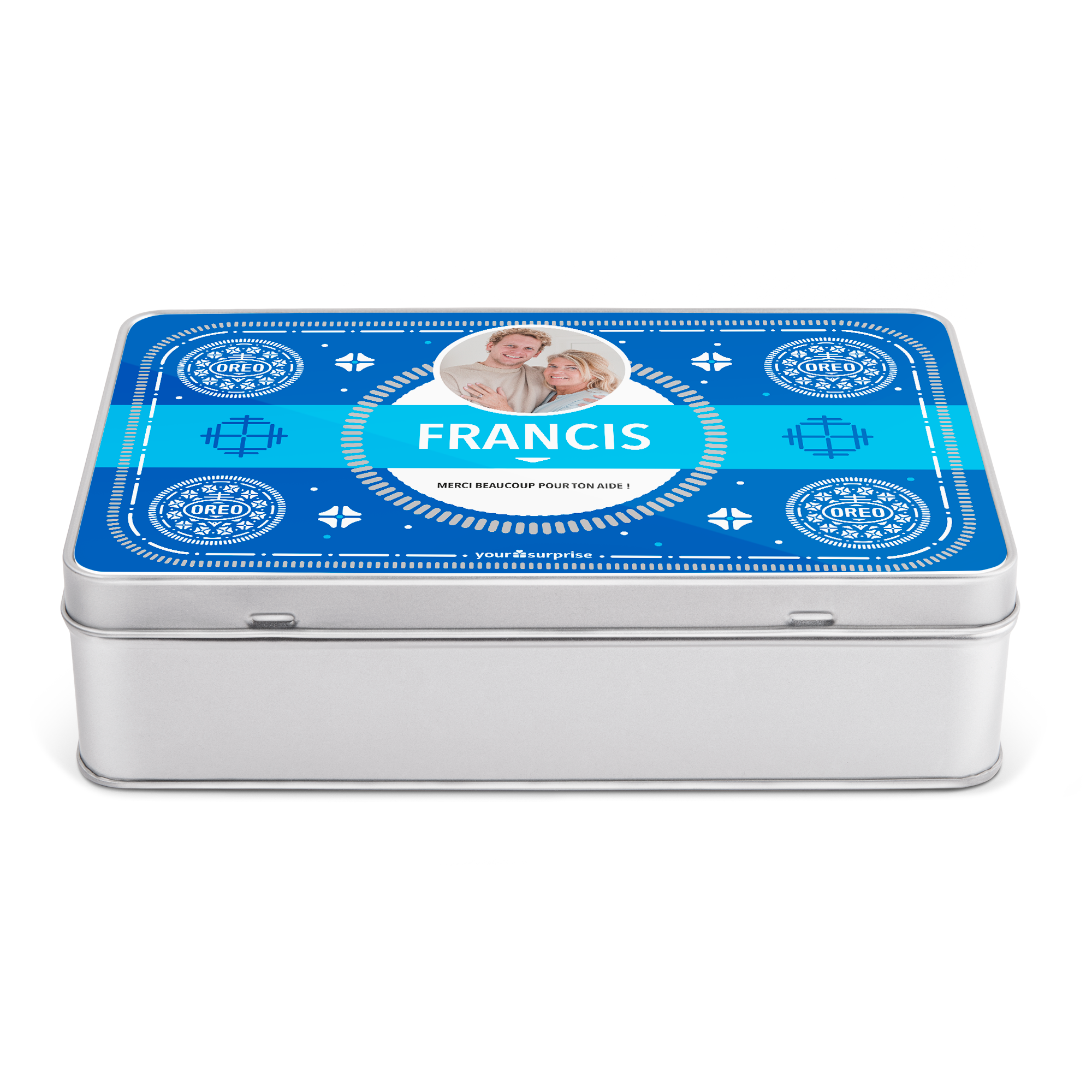 Boîte cadeau remplie d'Oreo personnalisée avec nom Francis, photo et message imprimés