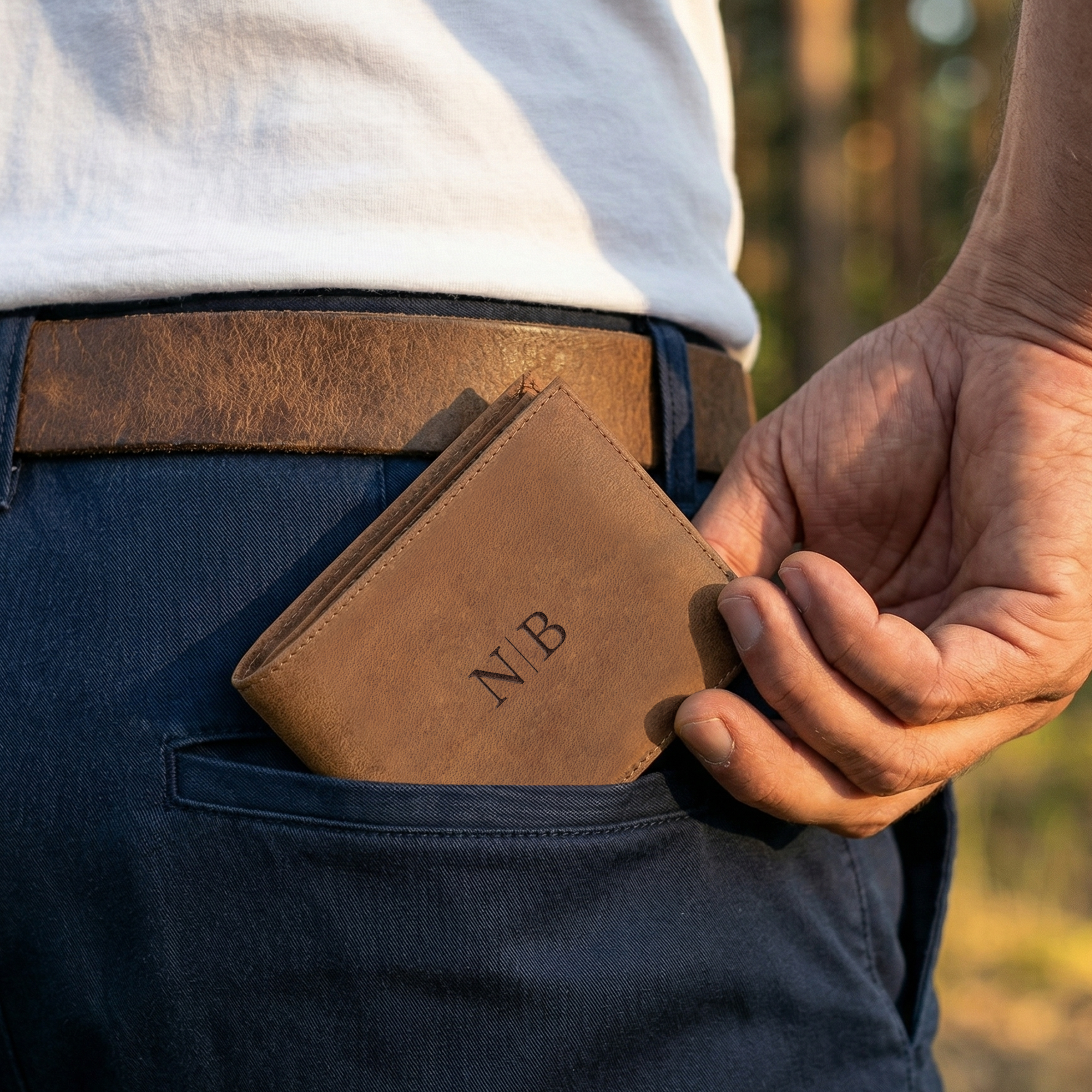 Zestaw prezentowy z paskiem - Portfel grawerowany - Brązowy