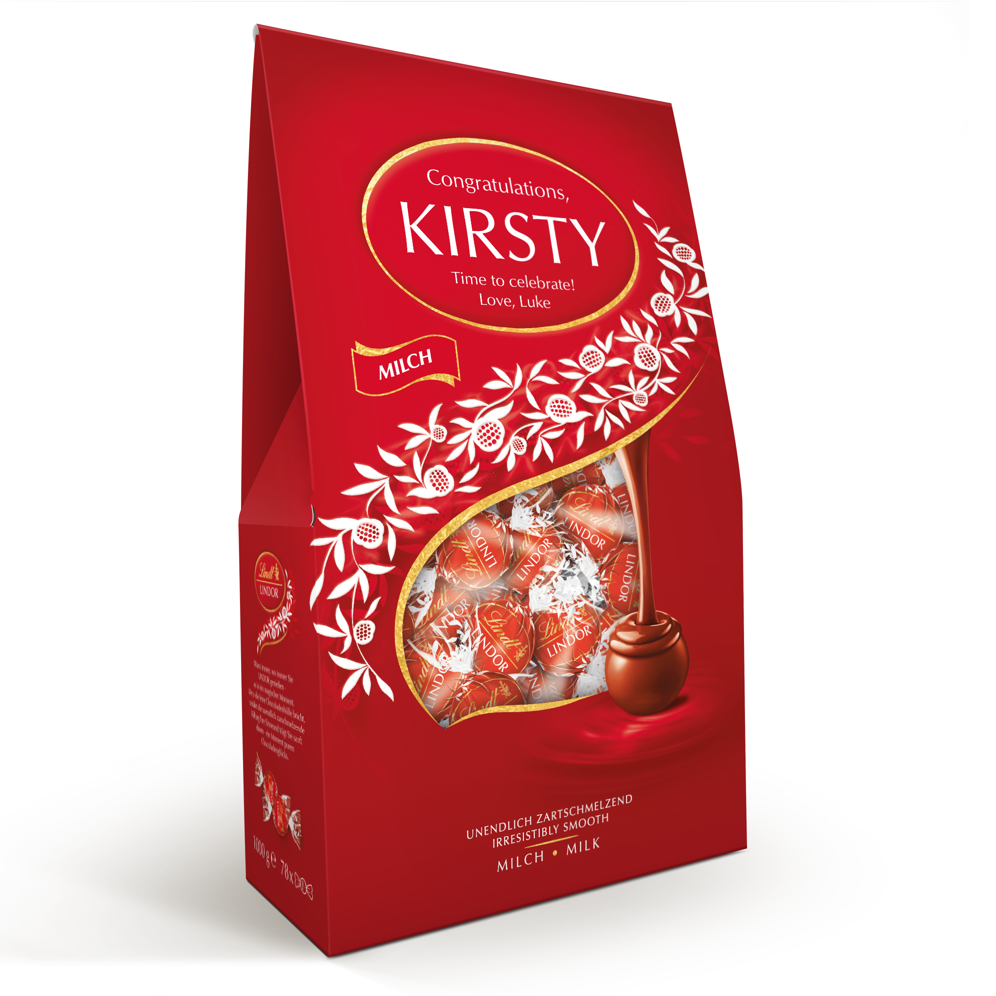 Cutie cadou roșie cu 1 kg ciocolată Lindor, personalizată cu numele KIRSTY și textul Time to celebrate! Love, Luke.