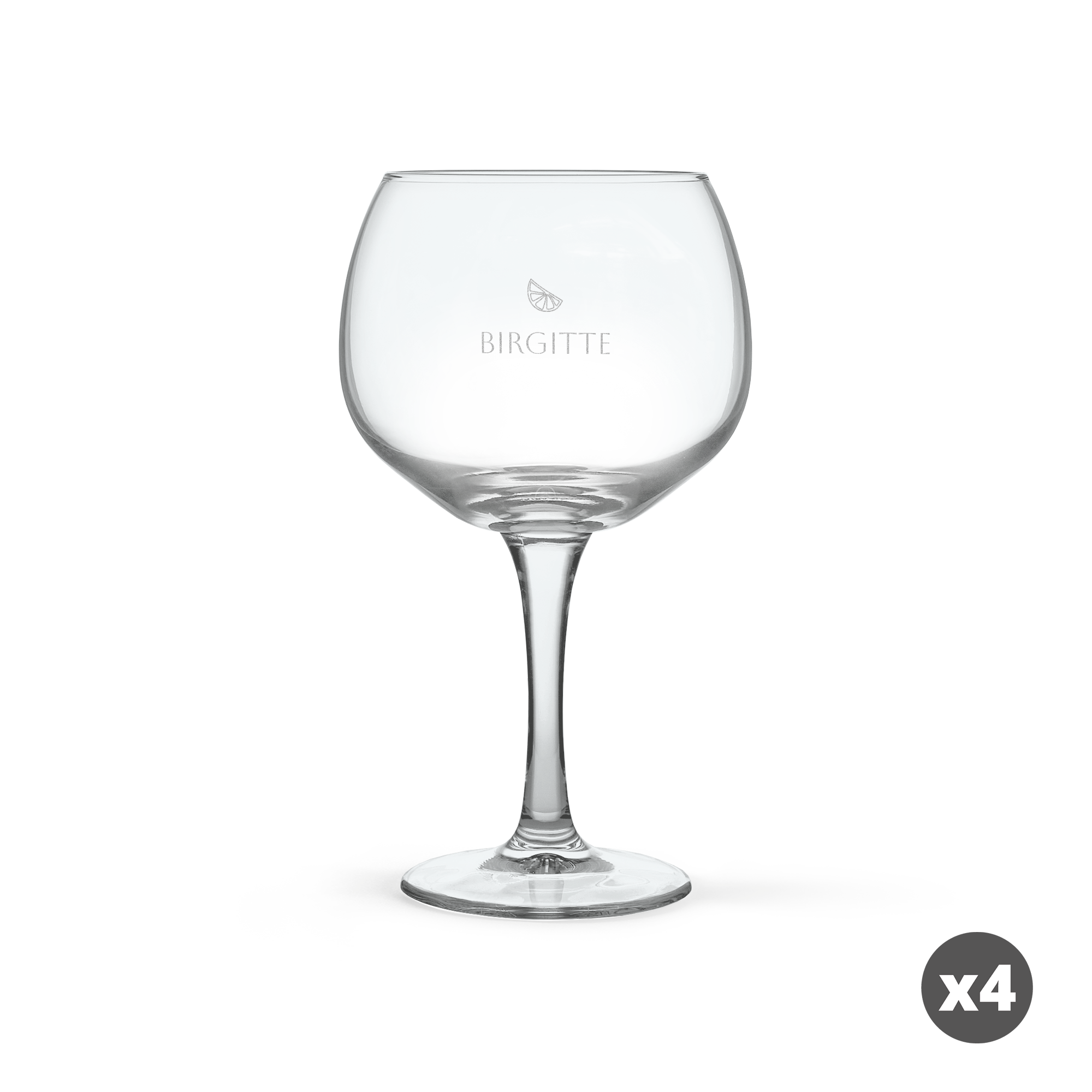 Ginglas med indgravering af navnet Birgitte og citrondesign, et unikt glas til din Gin & Tonic.