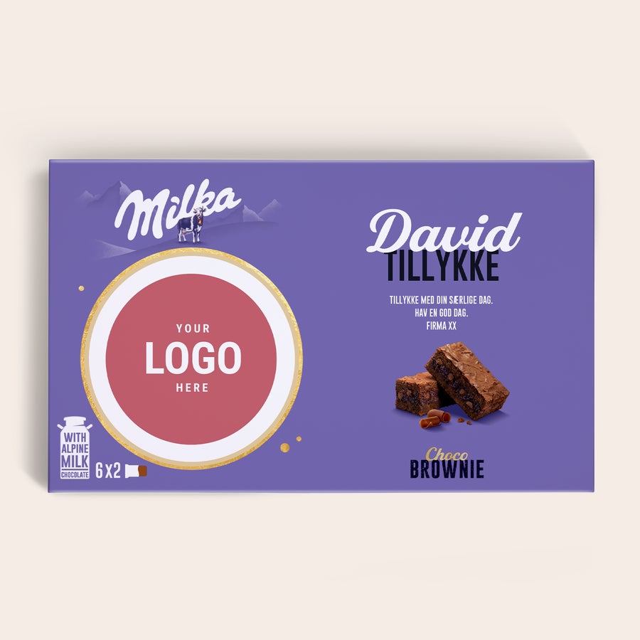 Milka Choco Brownie gaveæske Lilla Milka Choco Brownie gaveæske med navn David og billede, trykt med teksten Tillykke