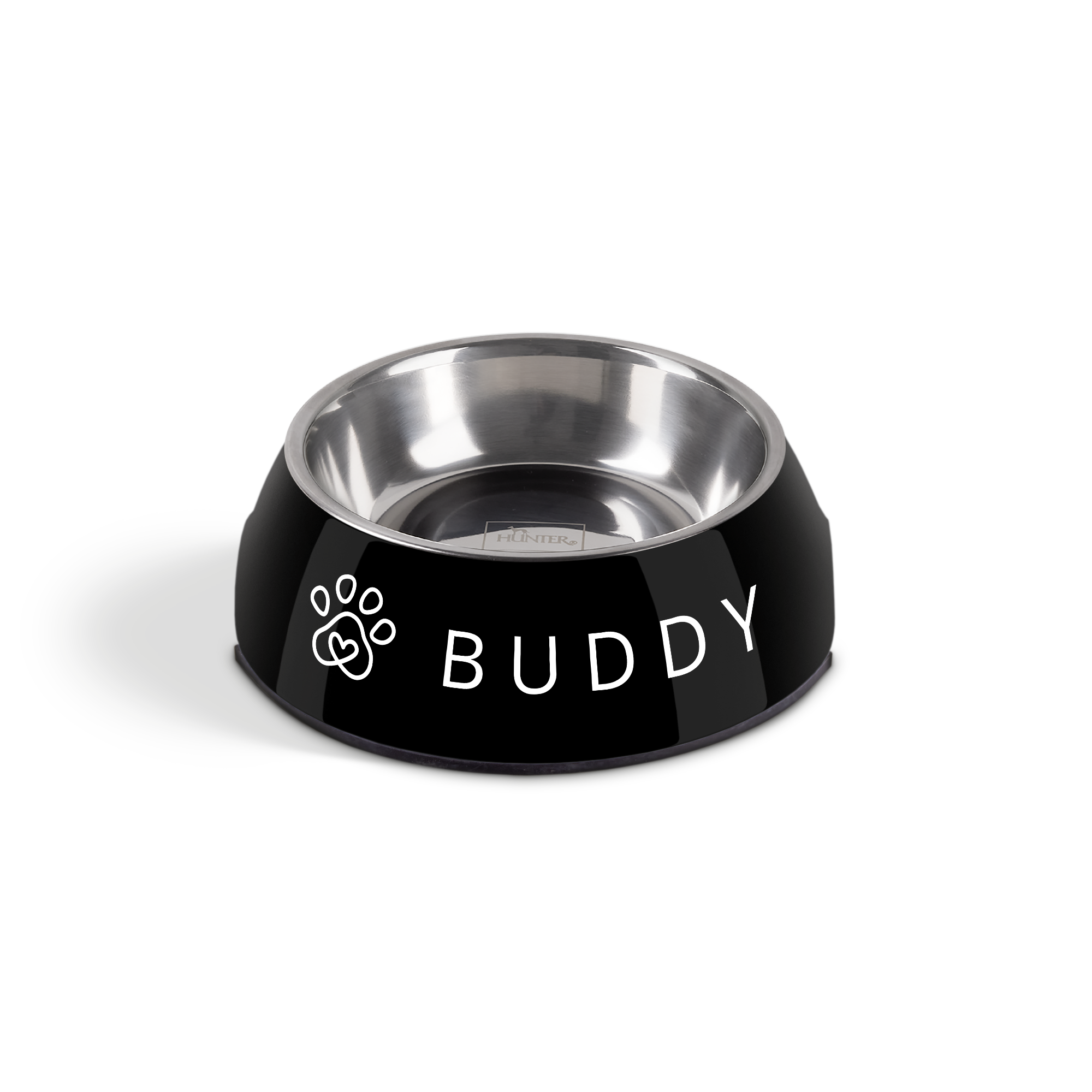 Sort, personlig madskål til hund med rustfri stålskål, hvid poter og navnet BUDDY trykt på siden.