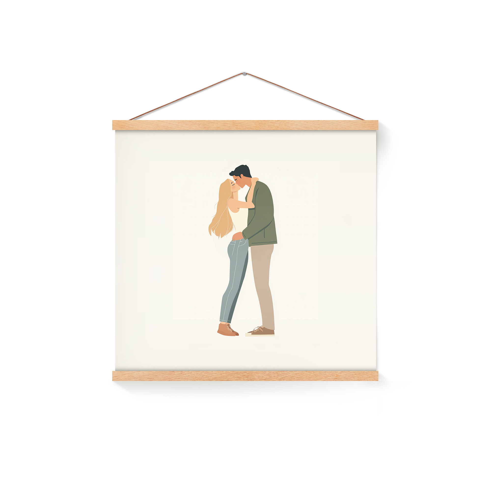 Póster impreso con una ilustración de pareja besándose, sujetado por un colgador magnético de madera.