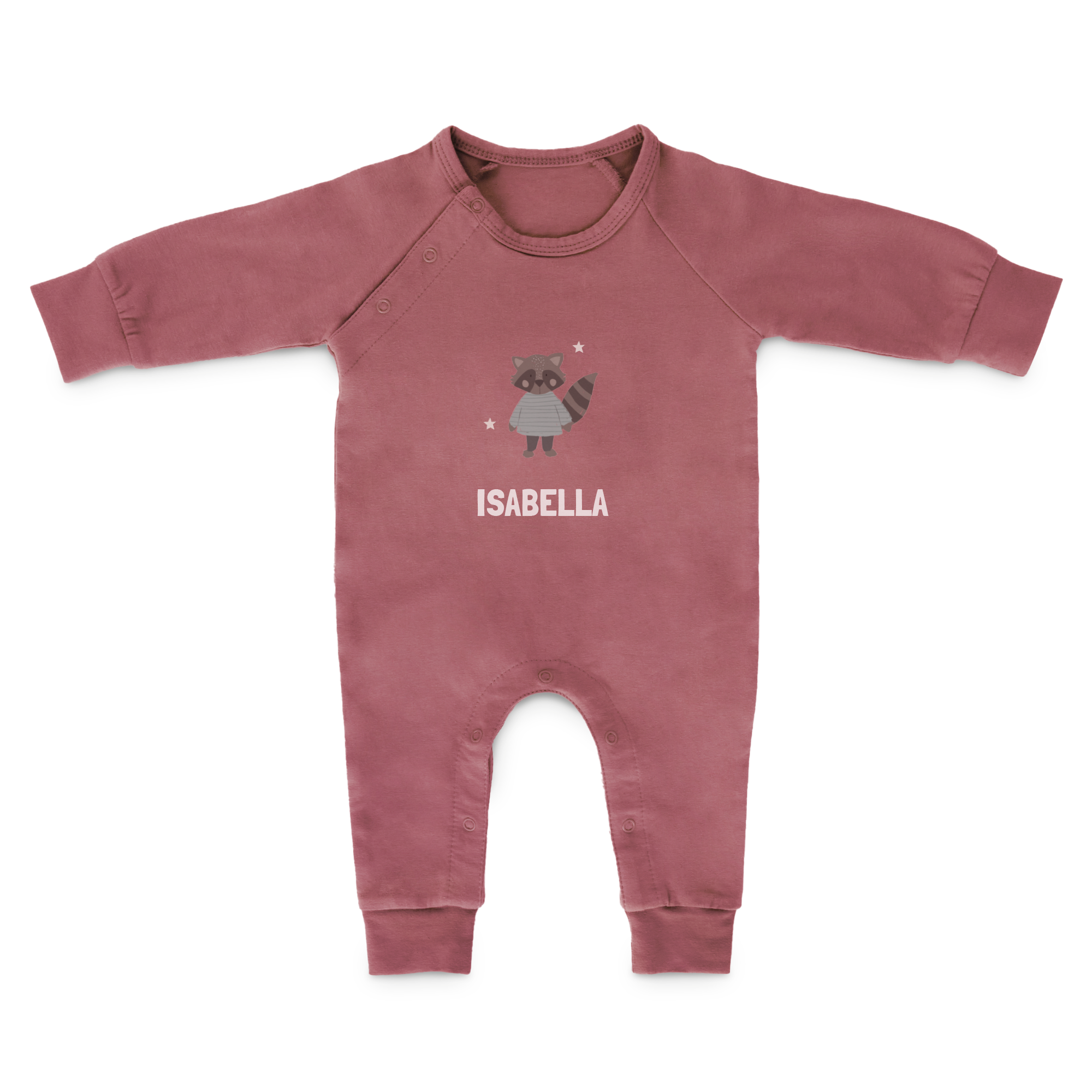 Personalizirana roza igralna obleka z dolgimi rokavi, potiskana z rakunom in imenom ISABELLA za lepo brcanje