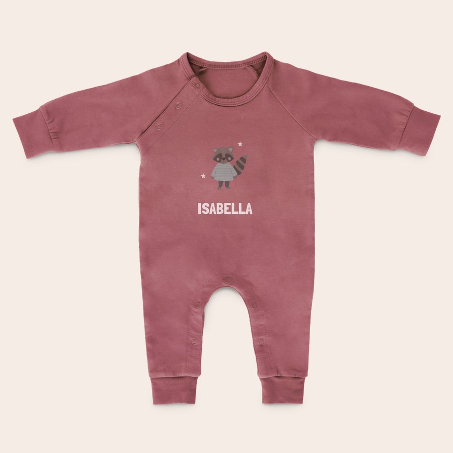 Tutina Pigiama Neonato Tutina stampata e personalizzata rosa antico con procione e nome Isabella