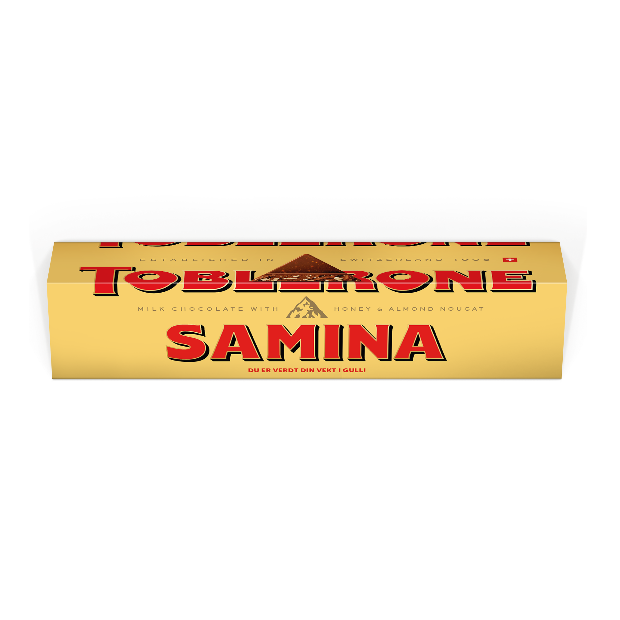 Personlig Toblerone-bar - 1800 gram med tilpasset navn og melding. Et gaveprodukt som kan tilpasses med egen tekst.
