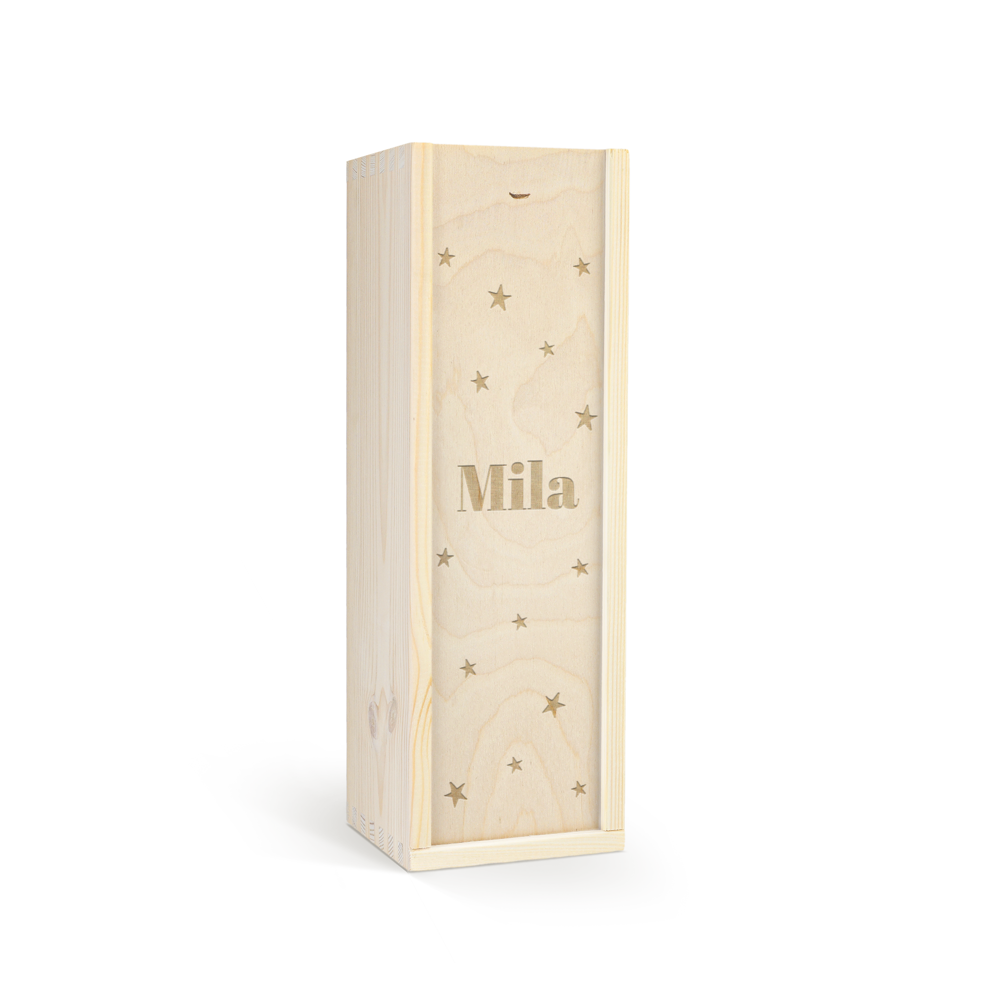 Holzkiste mit Gravur "Mila" und Sternen für Kindersekt, personalisierbar