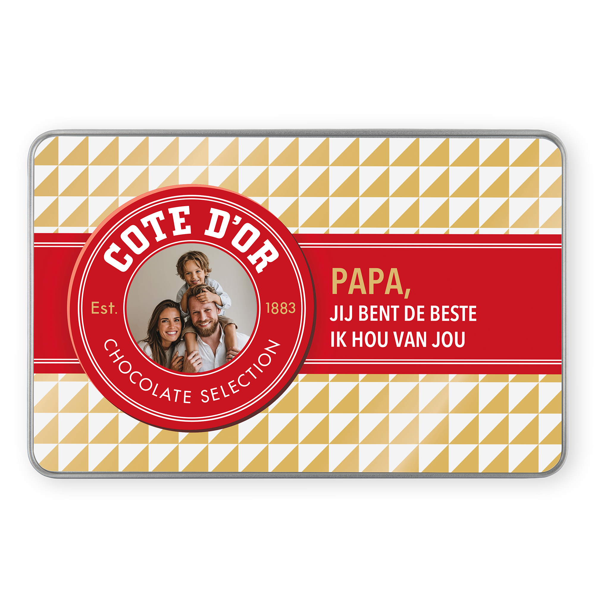 Gepersonaliseerde Côte d’Or Vintage Chocolade Box met naam en eigen foto van een gezin, en de tekst Pappa, jij bent de beste ik hou van jou.