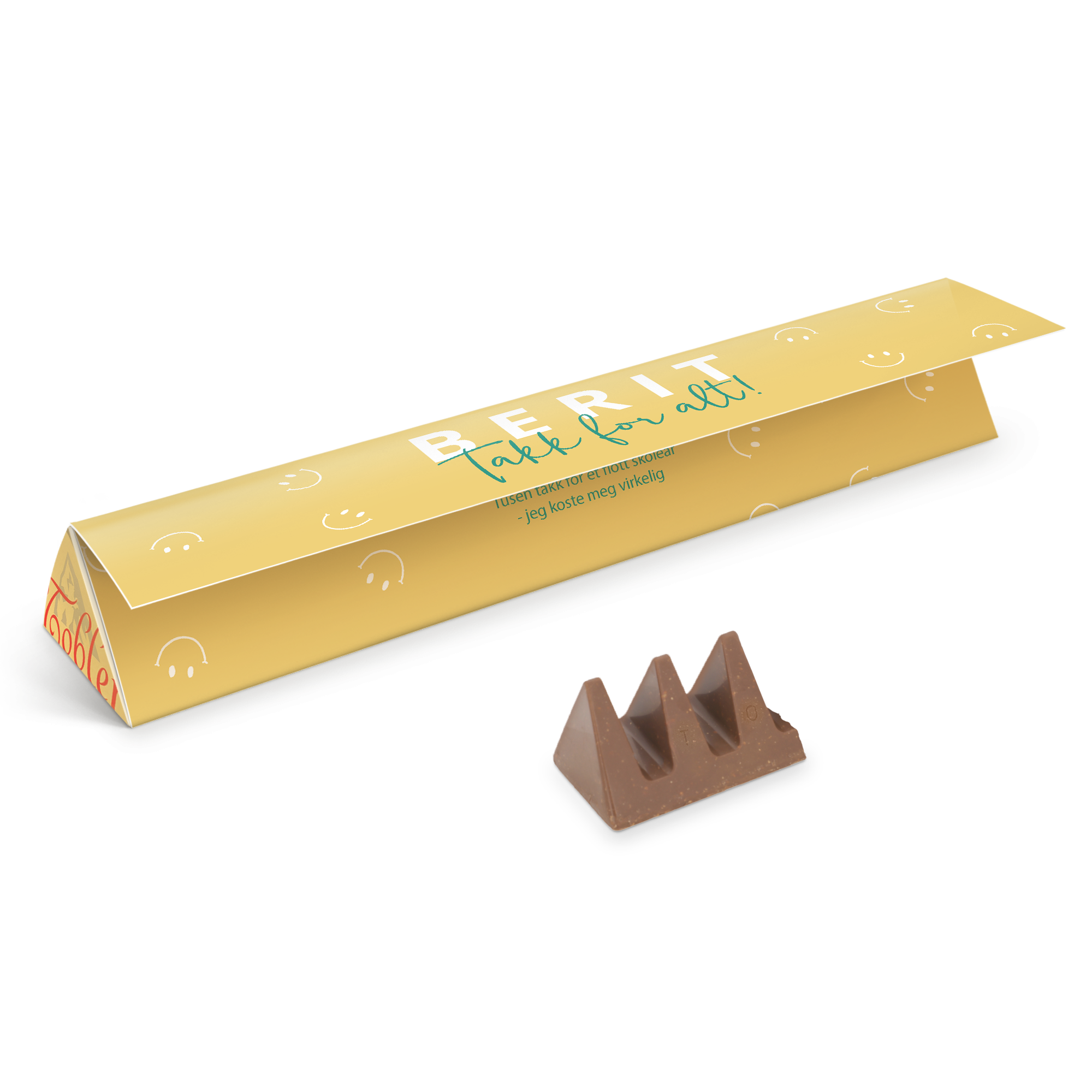 Den personlige tilpassede Toblerone-sjokoladen med navn og teksten "Takk for alt!" på emballasjen.