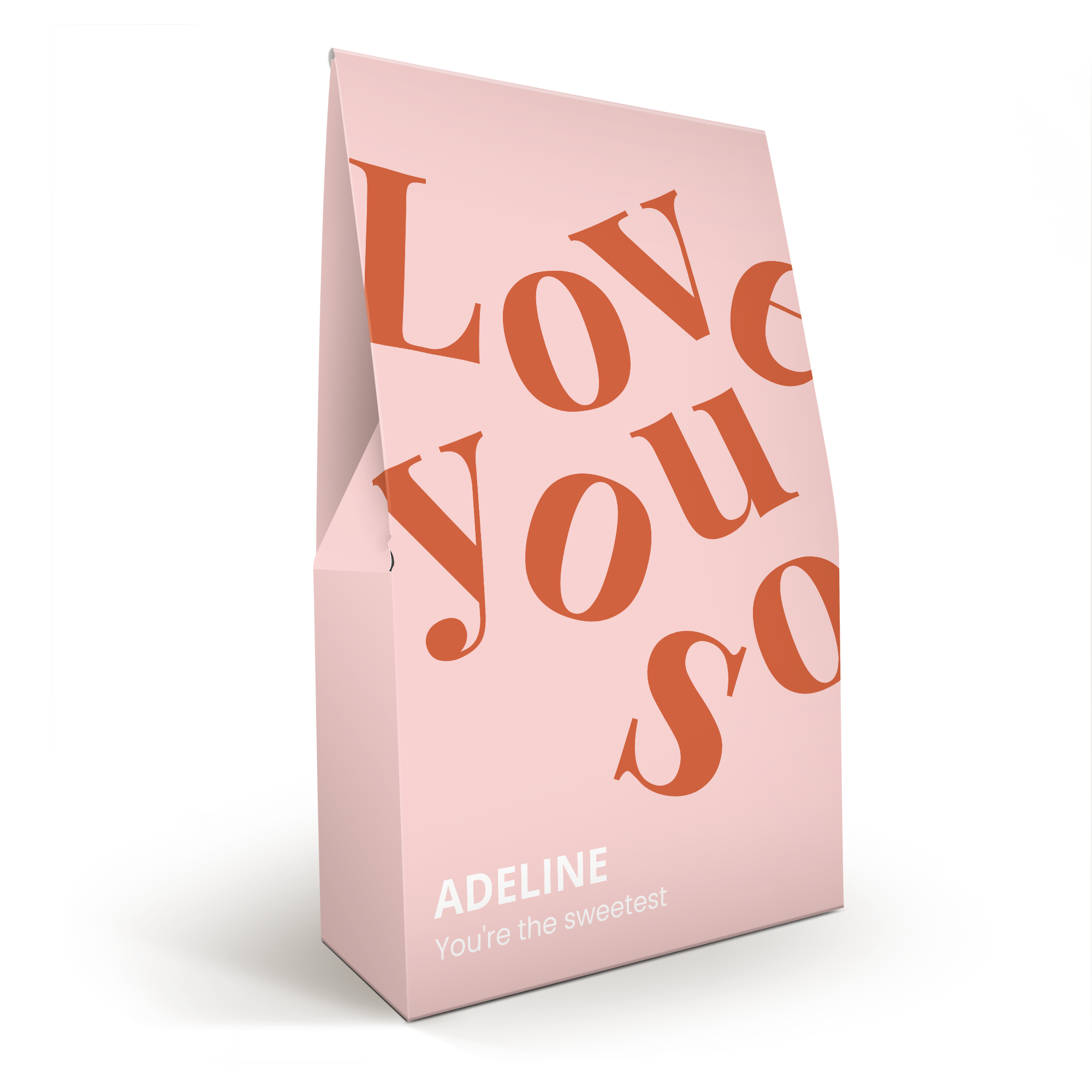 Caixa de presente rosa de chocolate Lindor personalizada com o nome Adeline e a frase Love You So