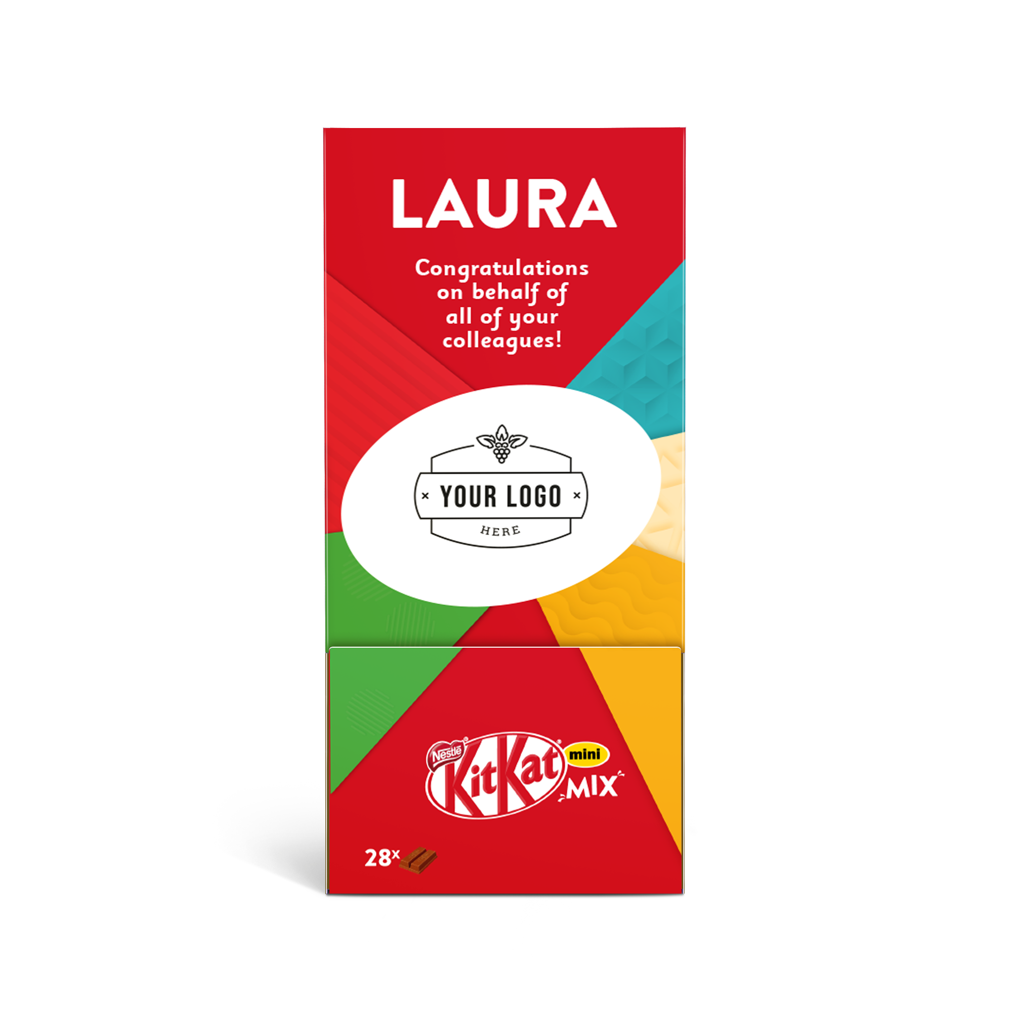 Caja KitKat Mini Mix personalizada con texto "LAURA" y "Congratulations on behalf of all of your colleagues!". Di tu mensaje con este delicioso chocolate KitKat.