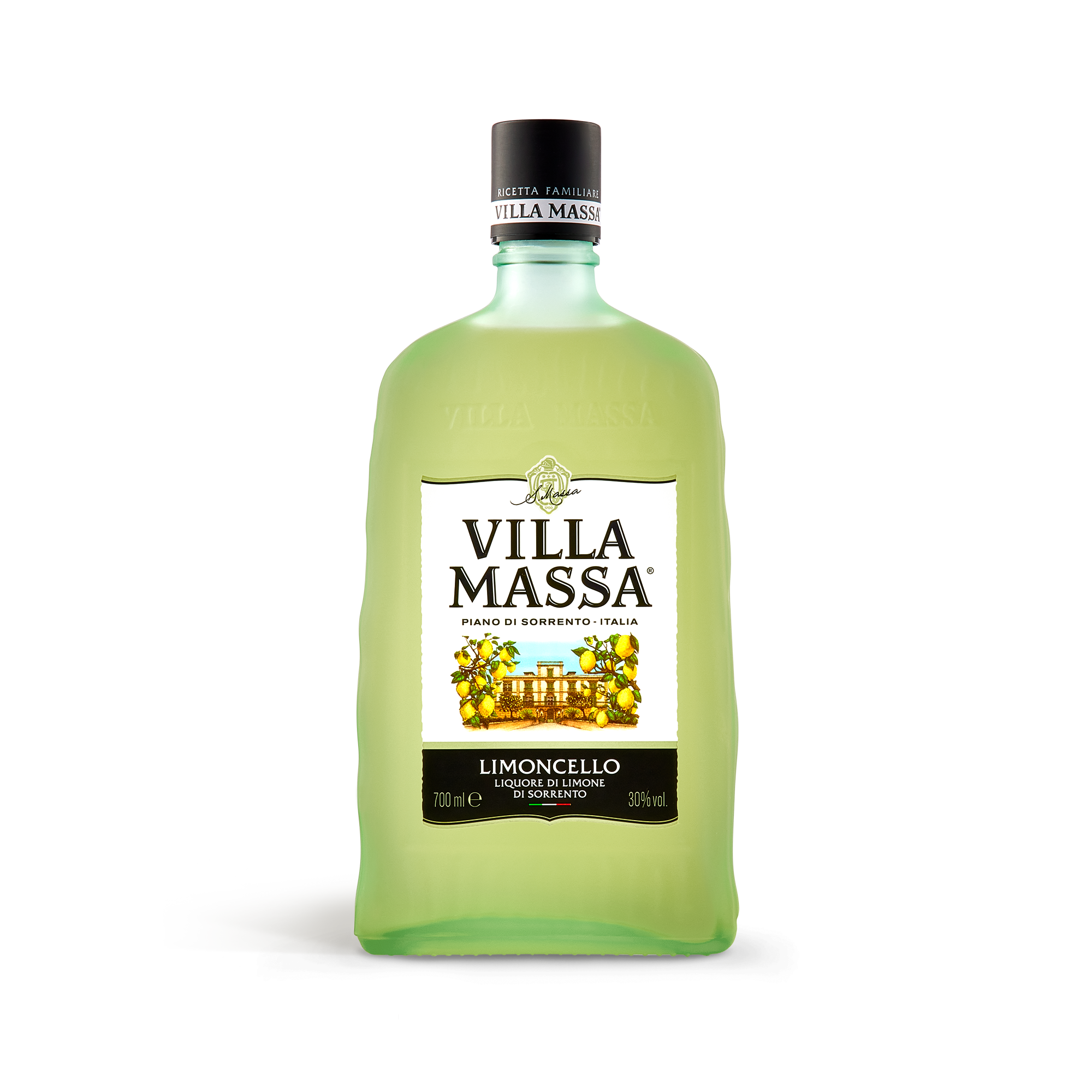 Fles Villa Massa Limoncello, met de tekst Villa Massa en een afbeelding van citroenen, bedrukt als gepersonaliseerd cadeau