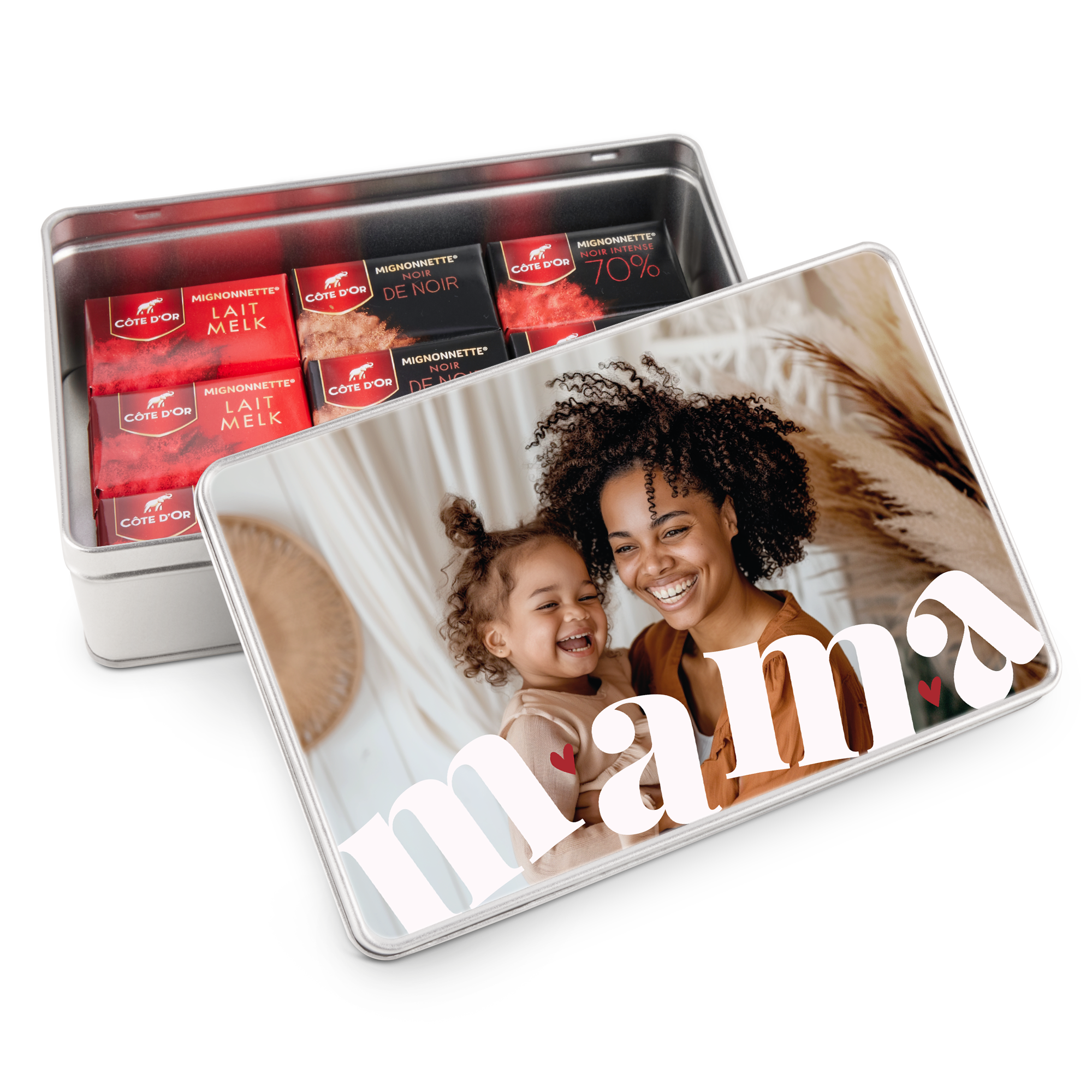 Gevuld cadeaublik Côte d'Or chocolade met bedrukte foto van moeder en kind en de naam Mama