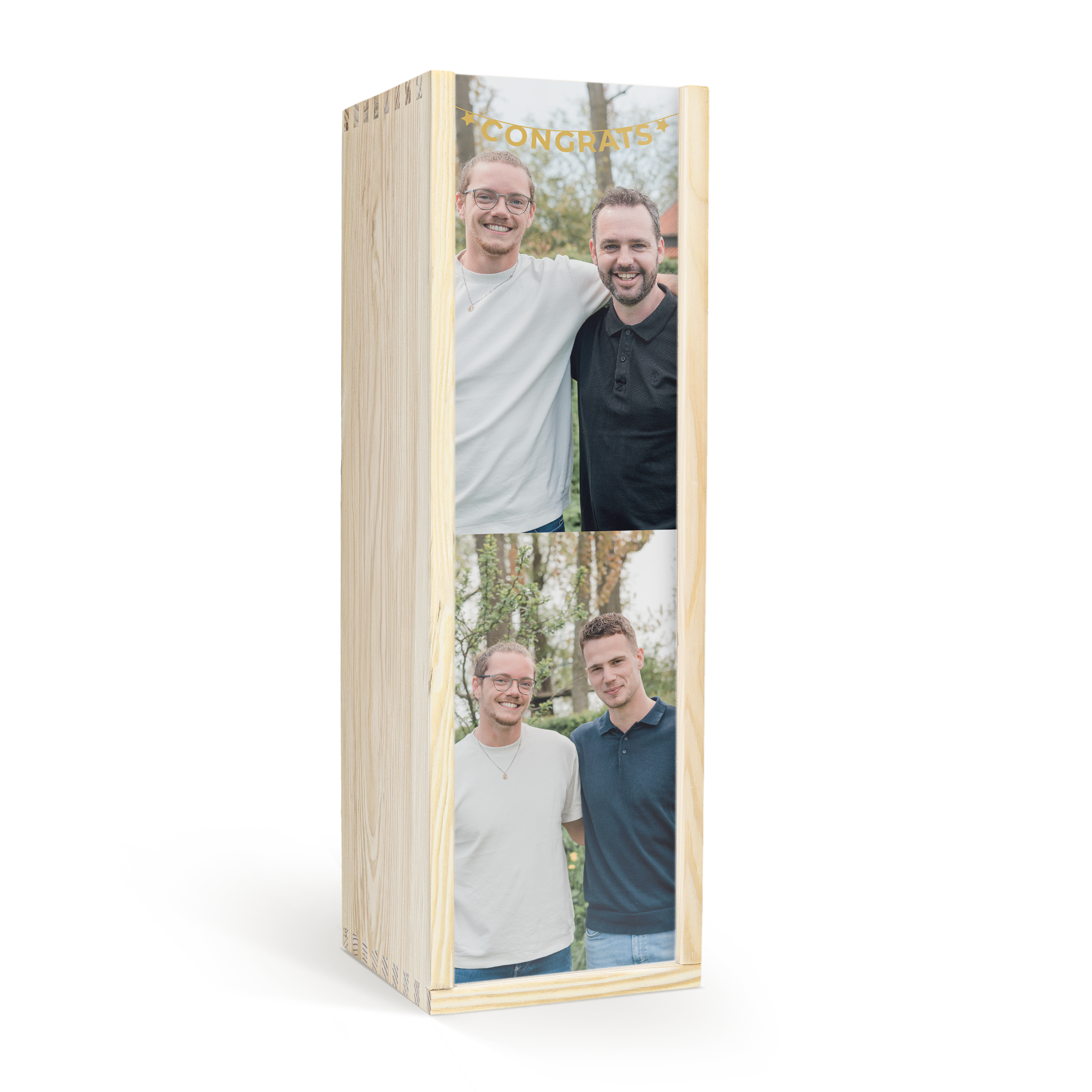 Scatola in legno per Limoncello Villa Massa stampata con due foto di uomini e la scritta "CONGRATS" per un regalo personalizzato.