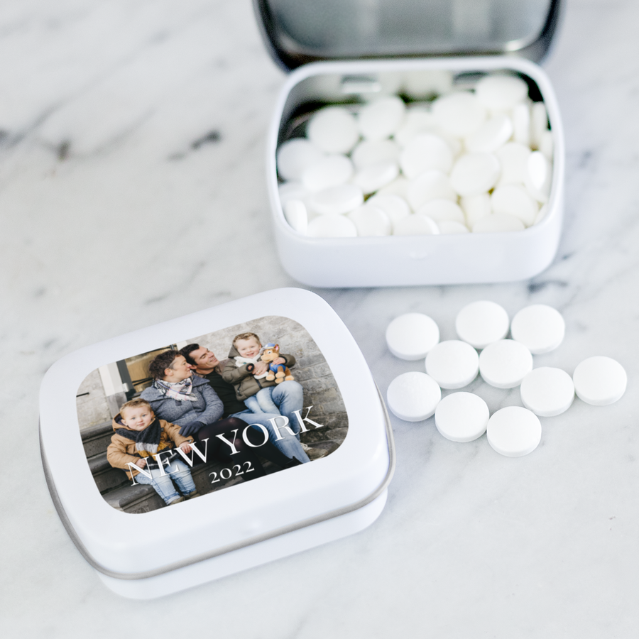  Personalized Mint Tins with Sugar-Free Peppermint Candies—Bulk  100-Piece Pack—Each Tin is Filled with About 85 Delicious Mini Candies.  Custom Promotional Products for Business, Events. : Grocery & Gourmet Food