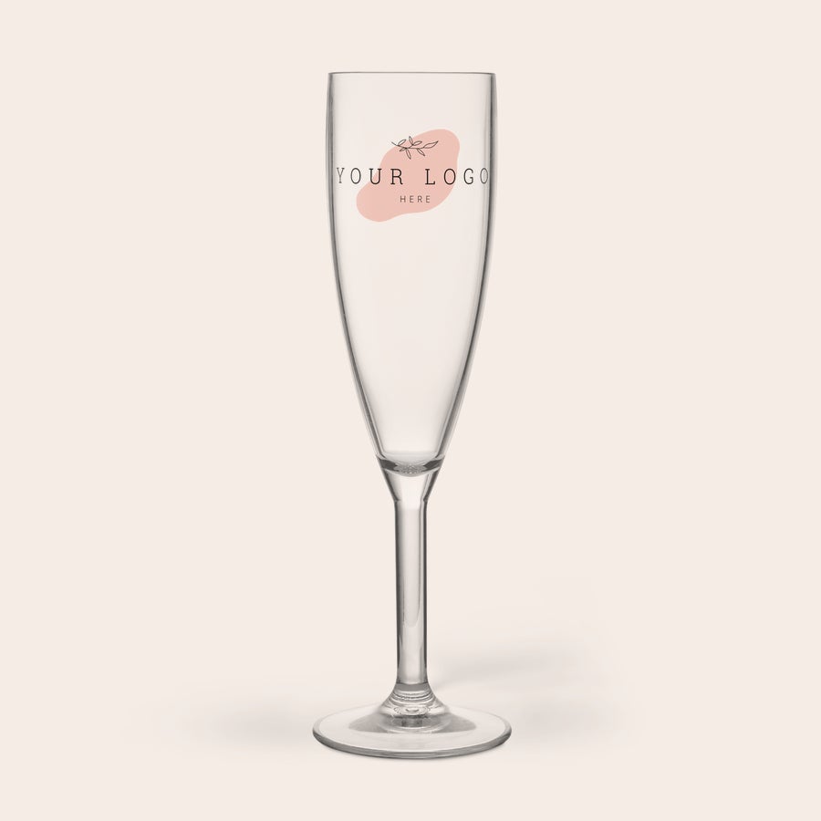 Copo de Champanhe Estampado Copo de champanhe de plástico transparente com espaço personalizável com o seu logótipo ou foto