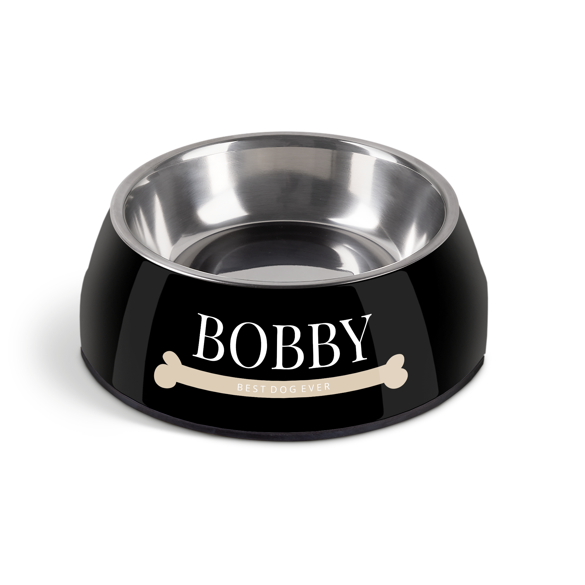 Personalised dog food bowl - Black - 700 ml, featuring an engraved bone design with the customizable name 'BOBBY' and text 'BEST DOG EVER'.
