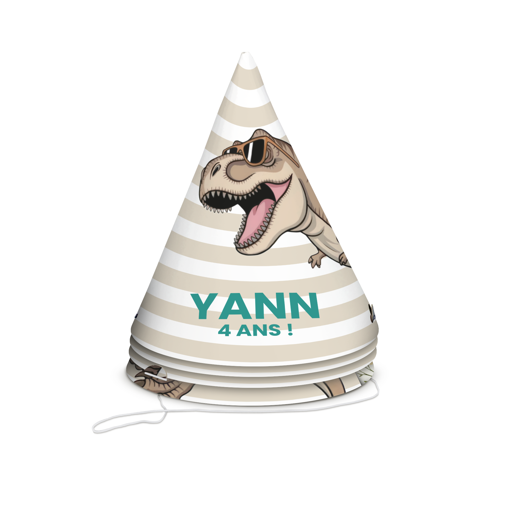 Chapeau de fête personnalisé blanc et beige rayé imprimé avec un dinosaure et le nom Yann 4 ans