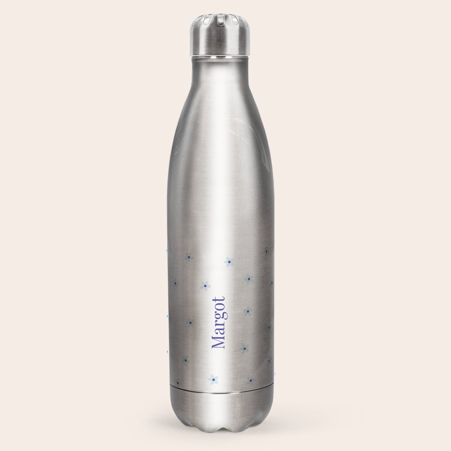 Gourde Isotherme personnalisable Bouteille d'eau isotherme aluminium personnalisée avec le nom Margot et des fleurs bleues imprimées
