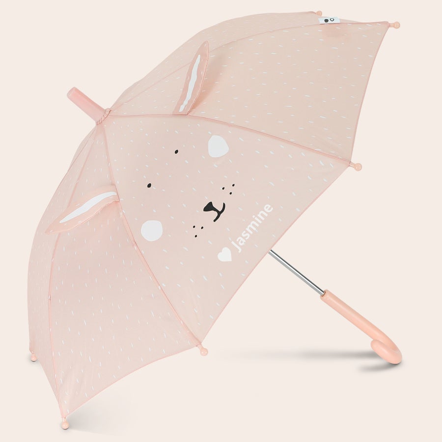 Personalised children's umbrella Personalized pink children's umbrella with a rabbit face and the name Jasmine printed on it. Have fun in the rain.