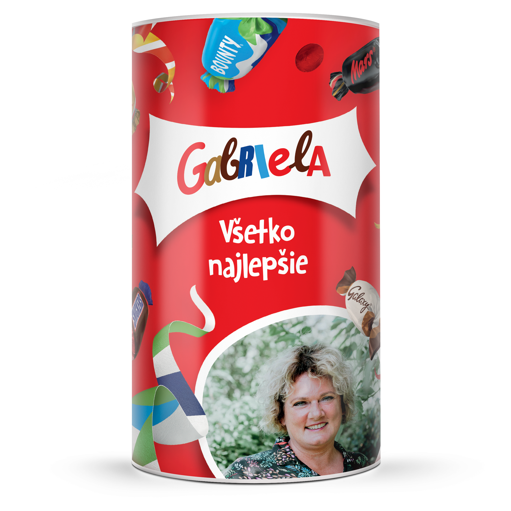 Personalizovaná fľaša Celebrations so sladkosťami, s menom Gabriela, textom Všetko najlepšie a fotografiou, ideálna na oslavu.