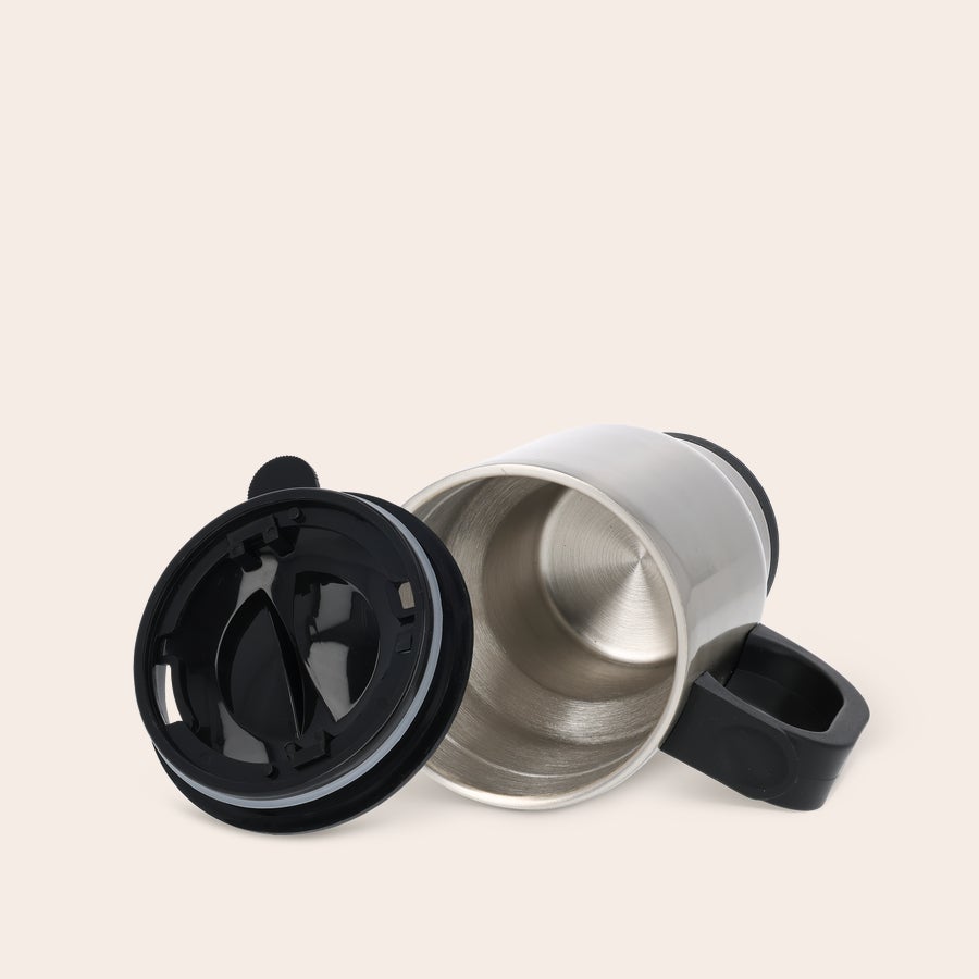 Tazza Termica Personalizzata Tazza thermos personalizzata in alluminio con coperchio aperto e manico nero, pronta per trasformare ogni bevanda quotidiana