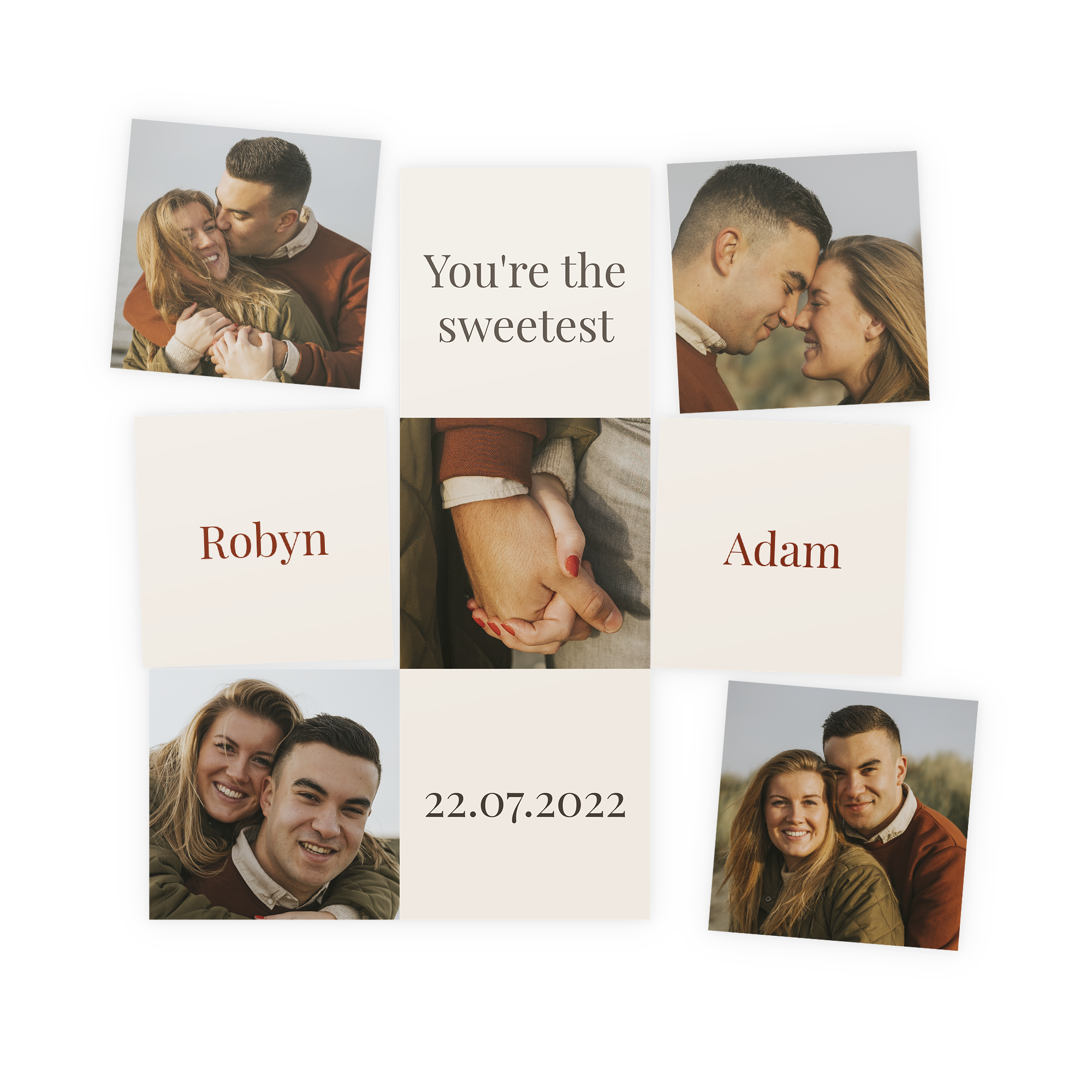 Spersonalizowane magnesy z nadrukowanymi zdjęciami pary, imionami Robyn i Adam, datą 22.07.2022 oraz napisem You're the sweetest