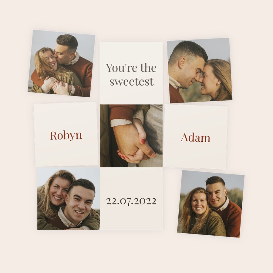 Folha de ímanes Ímanes personalizados impressos com fotos de casal, nomes Robyn e Adam, a frase You're the sweetest e data 22.07.2022.