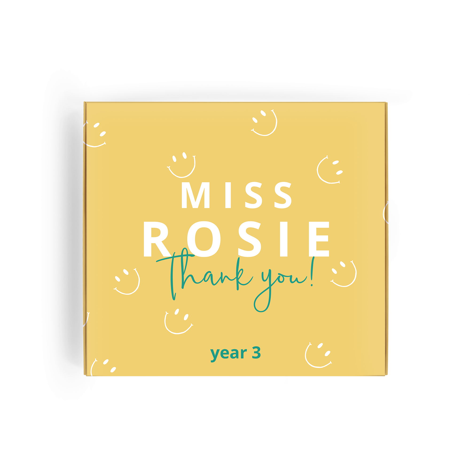Caja amarilla personalizada de deliciosos chocolates M&M con "MISS ROSIE Thank you! year 3" impreso y caras sonrientes.