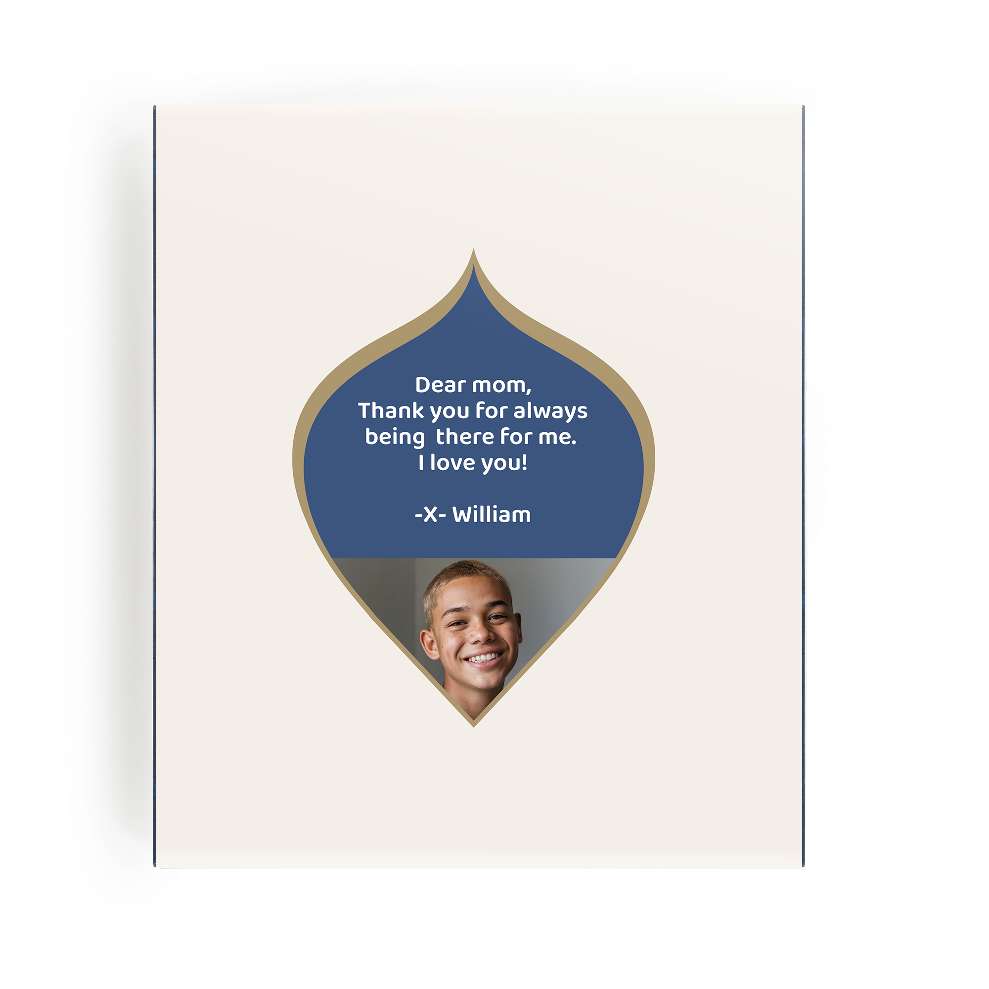 Personalised Pukka tea gift set with a message for Mom from William and a photo of a boy printed on the lid