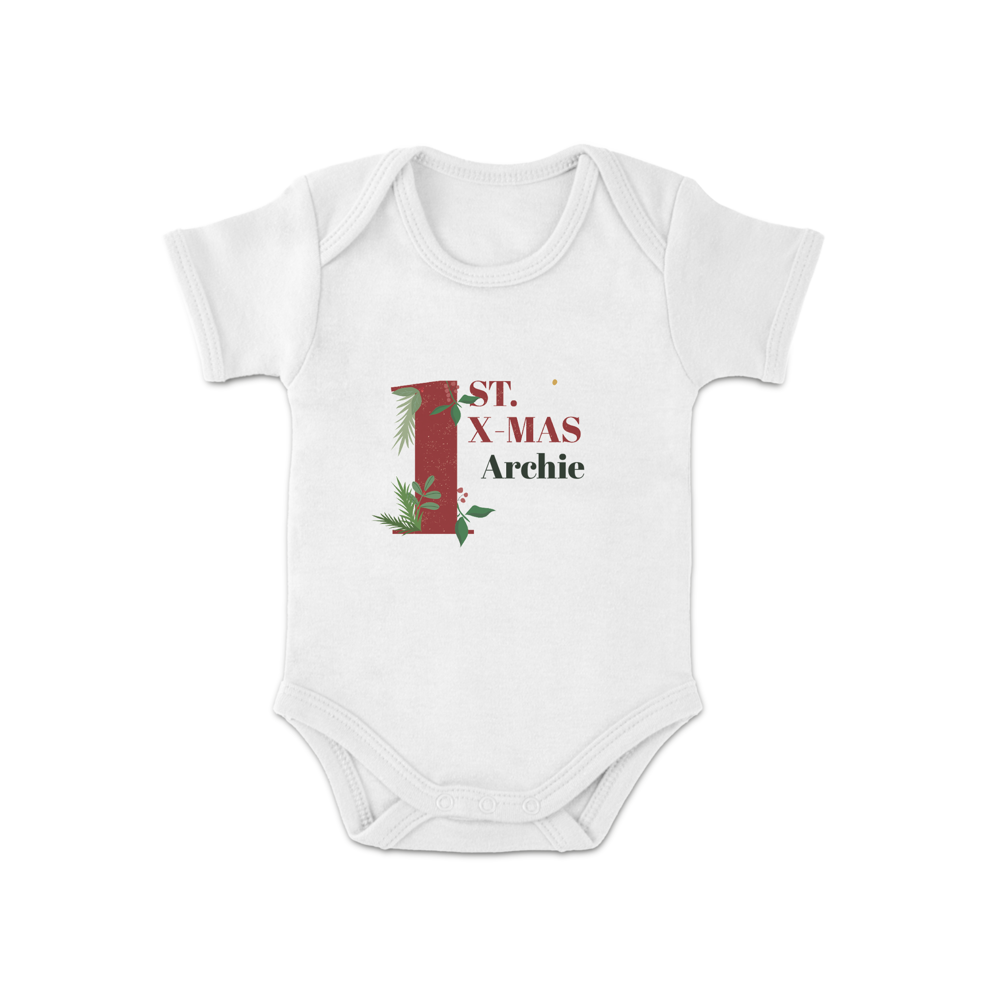 Salopetă albă de Crăciun pentru bebeluși, personalizată prin imprimare cu "1st X-Mas Archie"