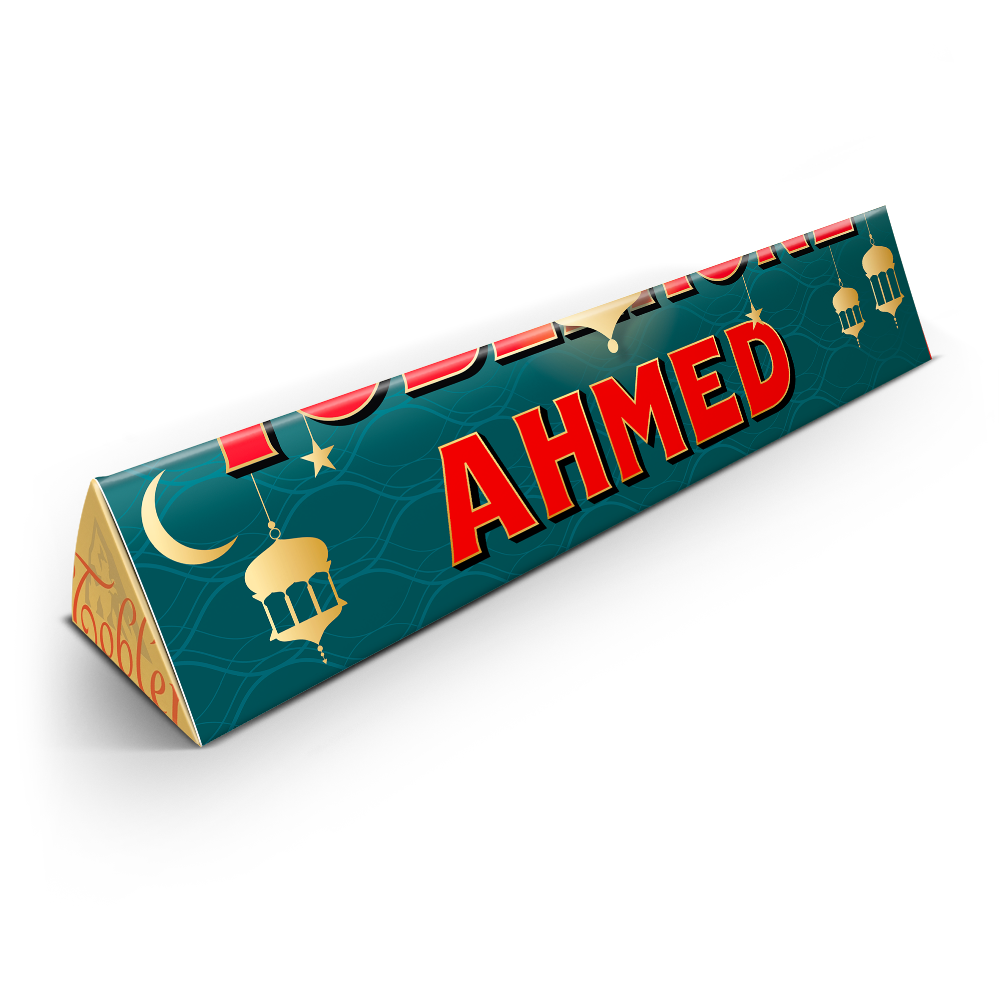 Toblerone Ramadan personnalisé avec le nom Ahmed sur un emballage bleu sarcelle imprimé