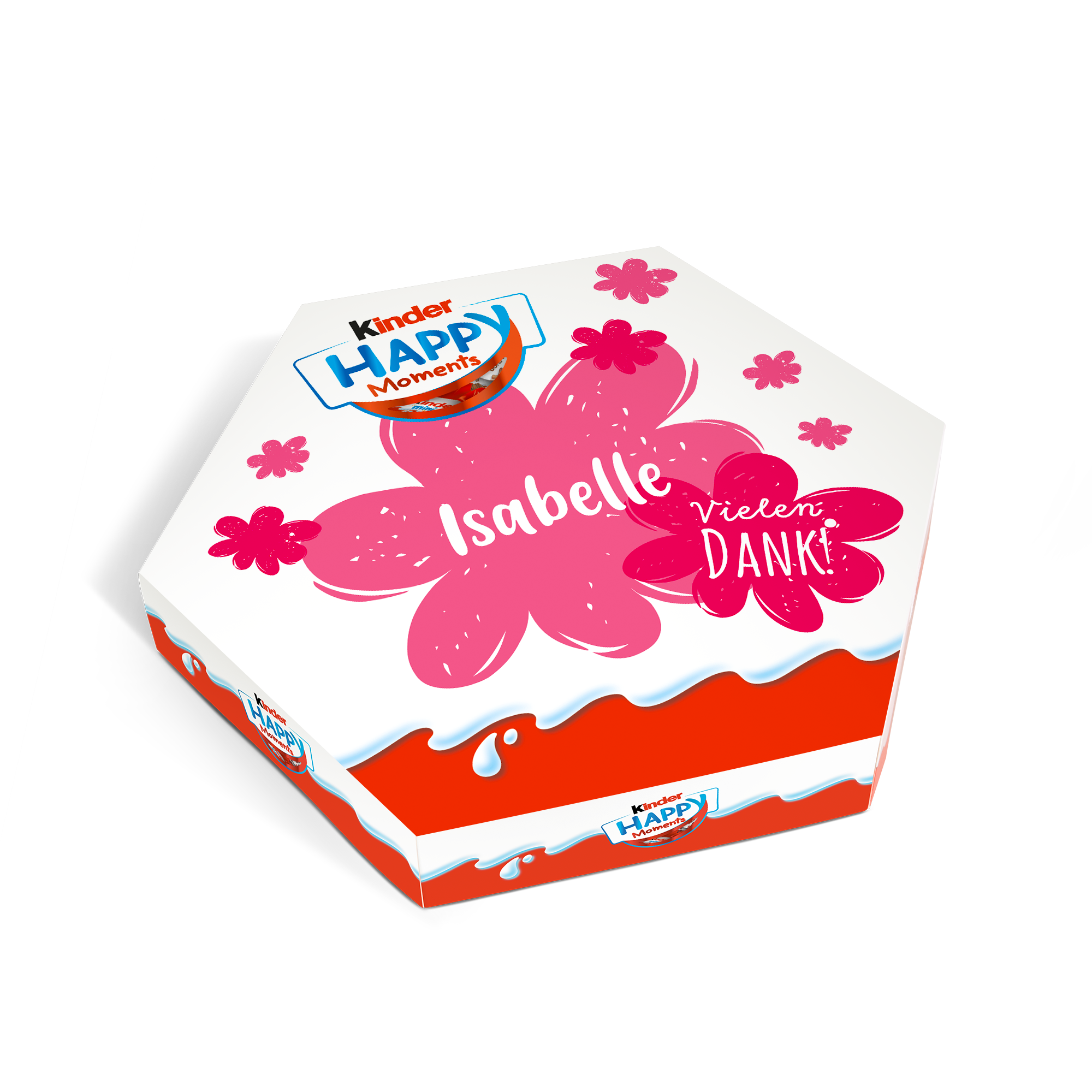 Kinder Happy Moments Box mit Namen Isabelle und Text Vielen DANK auf rosa Blumen, personalisiert mit Druck