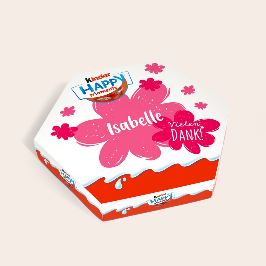 kinder Happy Moments selbst gestalten Kinder Happy Moments Box mit Namen Isabelle und Text Vielen DANK auf rosa Blumen, personalisiert mit Druck