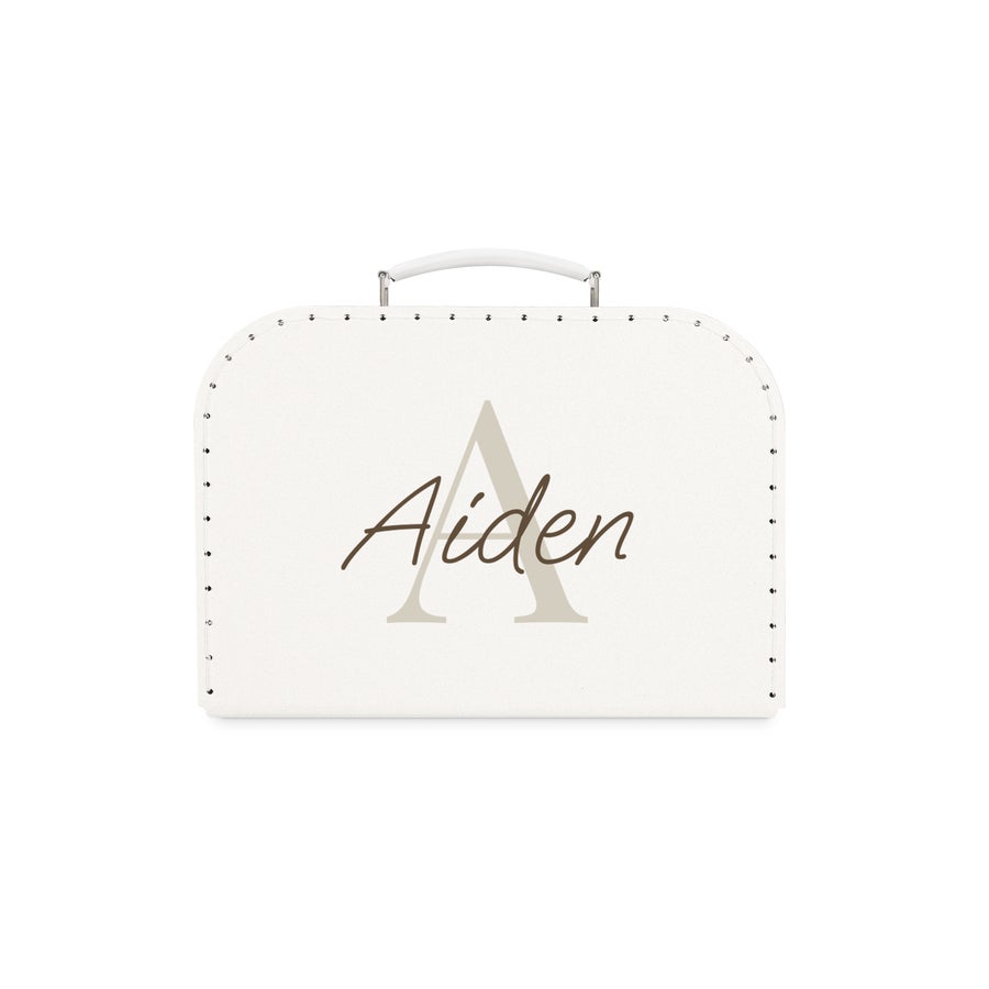 Maleta infantil personalizada Maleta de cartón blanca con el nombre "Aiden" impreso, un compañero de viaje exclusivamente suyo.