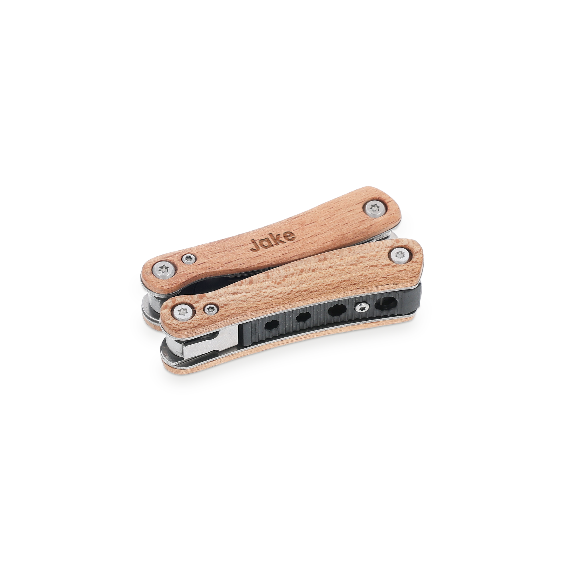 Personalized multi-tool in beech wood with the name Jake engraved, a personally crafted gift for their everyday hero