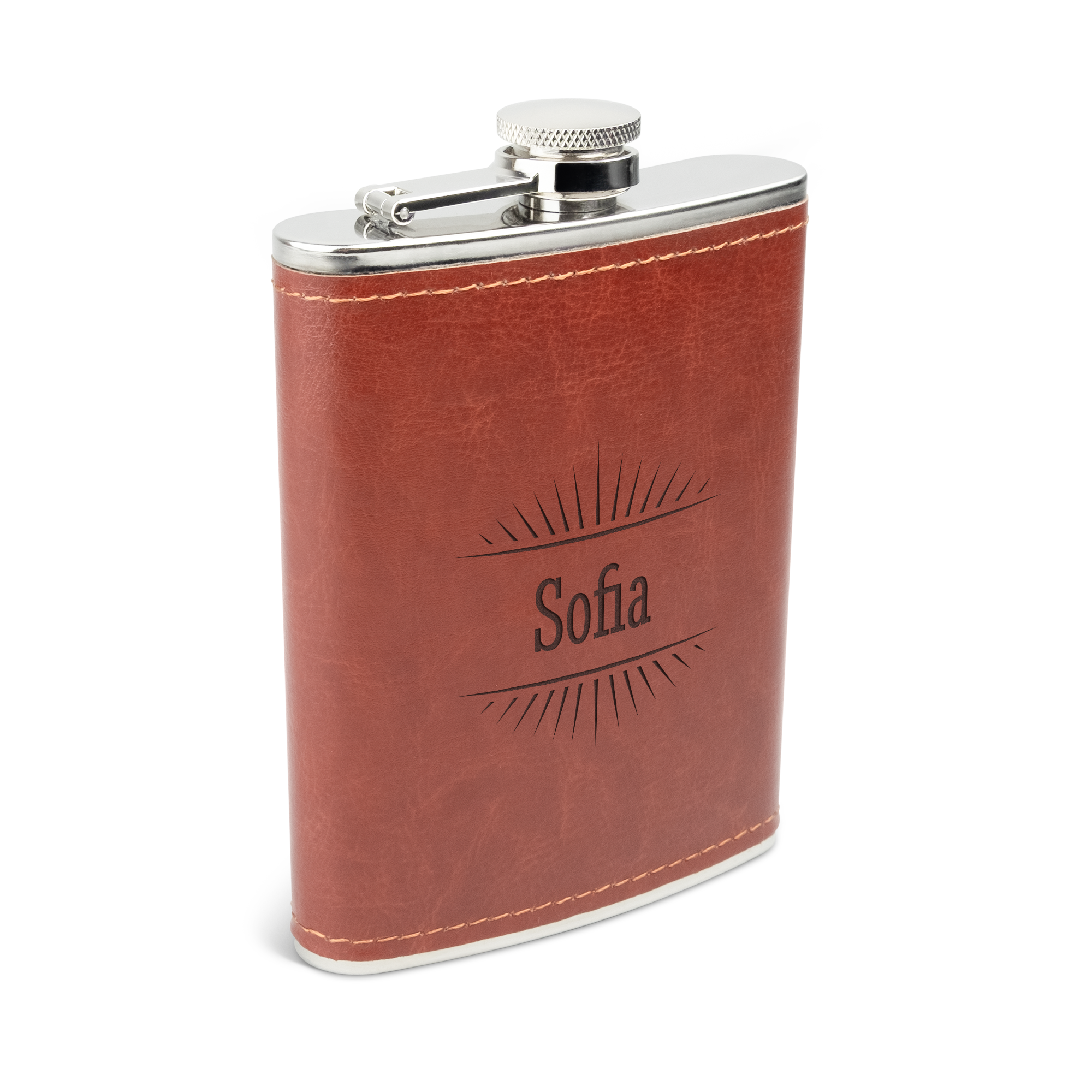 Fiaschetta in pelle marrone con nome Sofia inciso per goditi il tuo drink