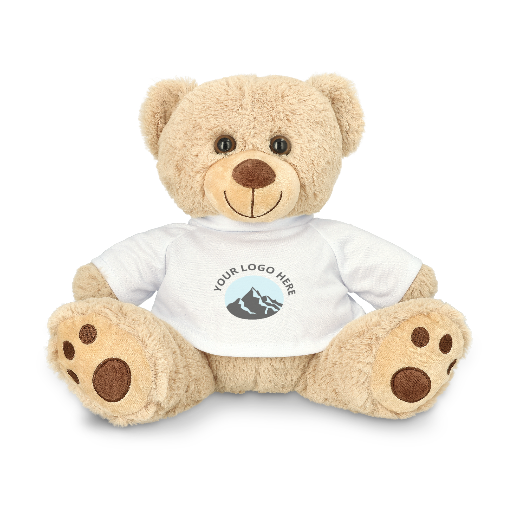 Beiger Teddybär mit einem weißen T-Shirt bedruckt mit einem anpassbaren Bergmotiv-Logo. Dieses süße Kuscheltier trägt ein personalisiertes T-Shirt mit deinem Entwurf.