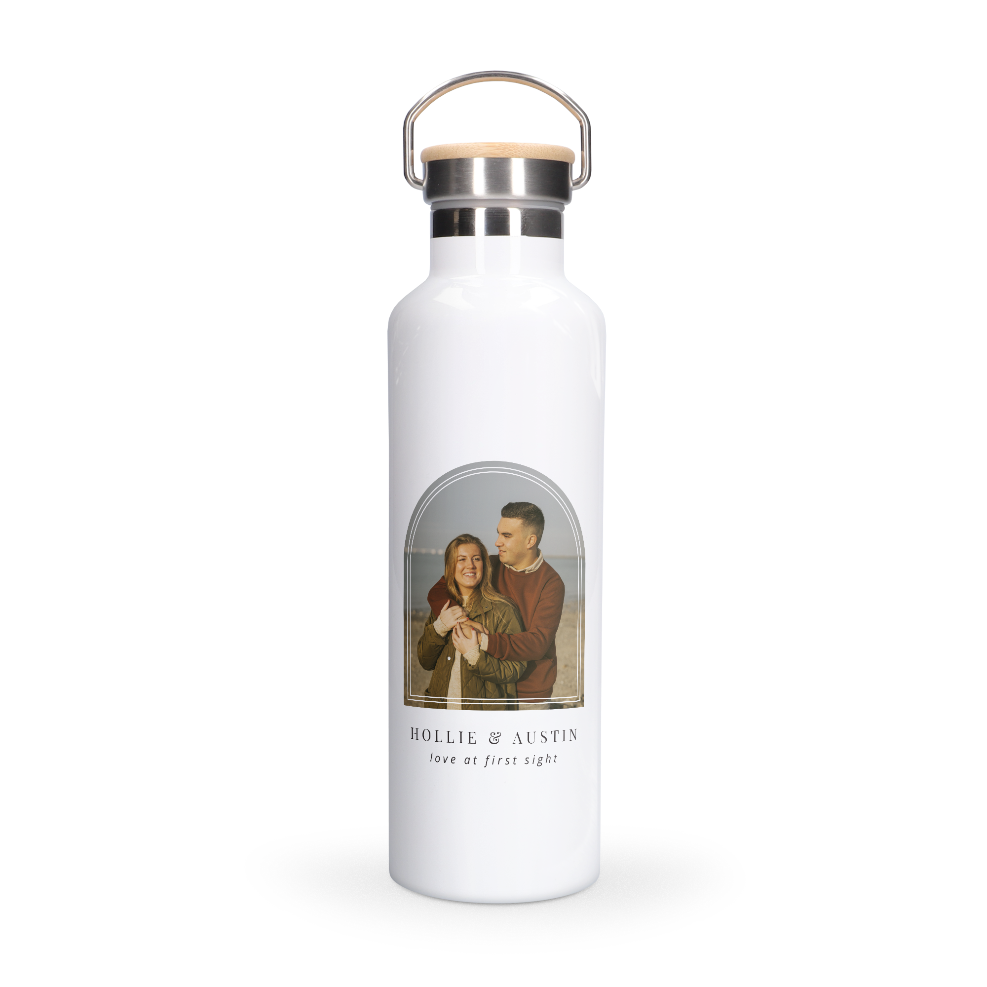 Personalized white bamboo water bottle printed with a photo of a couple and the names Hollie & Austin