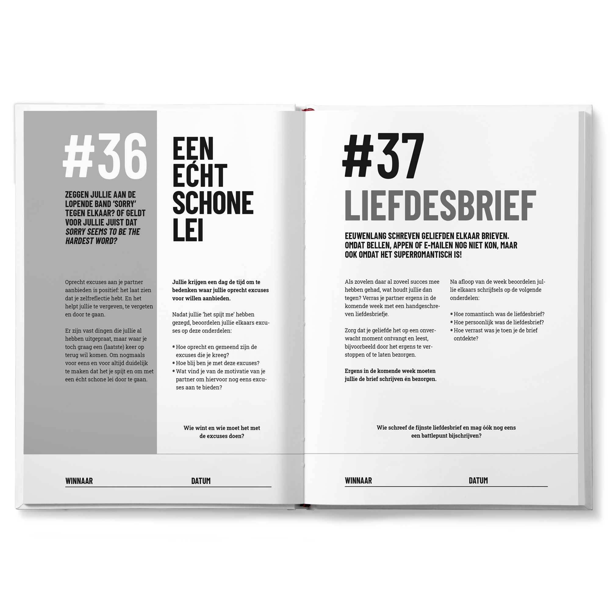 Open gepersonaliseerd Battle boek voor koppels, met binnenwerk bedrukt met #36 een echt schone lei en #37 liefdesbrief, voor namen en persoonlijke boodschappen.