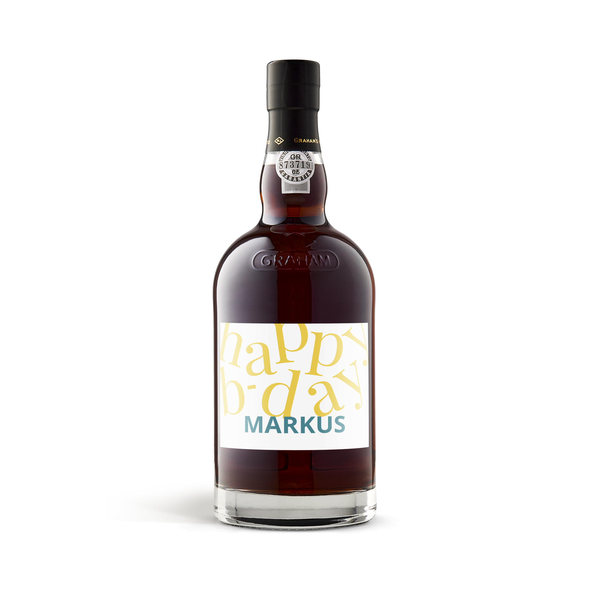 Flasche Graham´s The Tawny Reserve mit Happy B-day Markus Etikett bedruckt