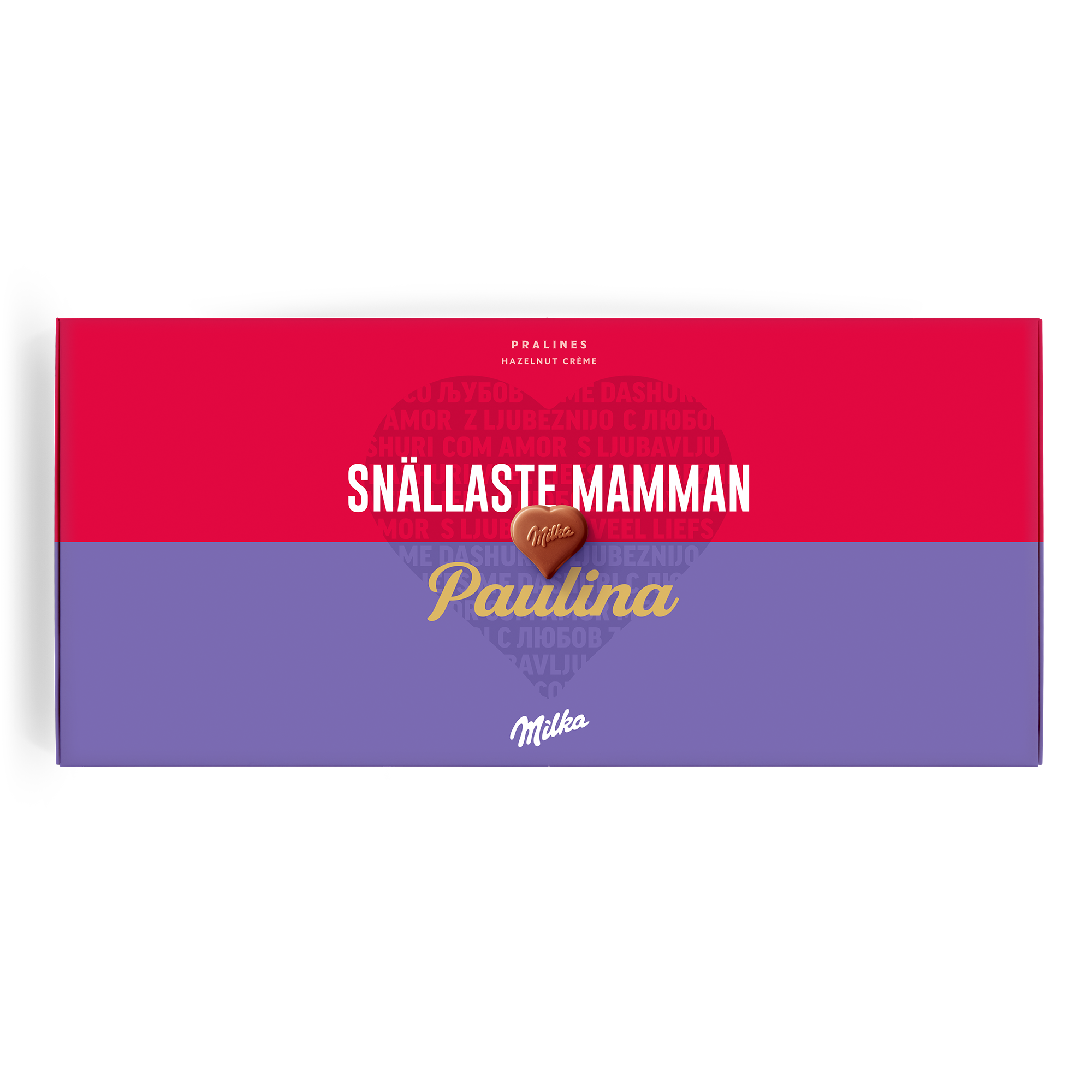 Chokladasken Säg det med Milka! med tryckt hälsning Snällaste mamman och namnet Paulina