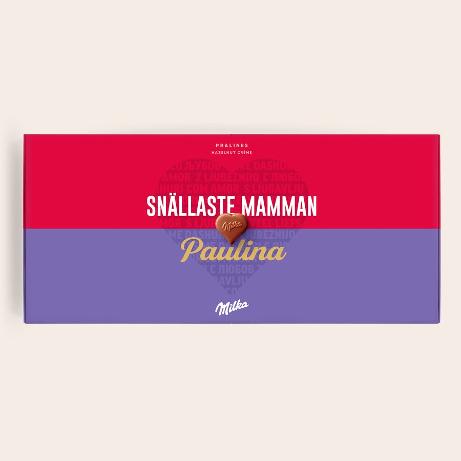 Personliga Milka presentförpackning - Kärlek Chokladasken Säg det med Milka! med tryckt hälsning Snällaste mamman och namnet Paulina