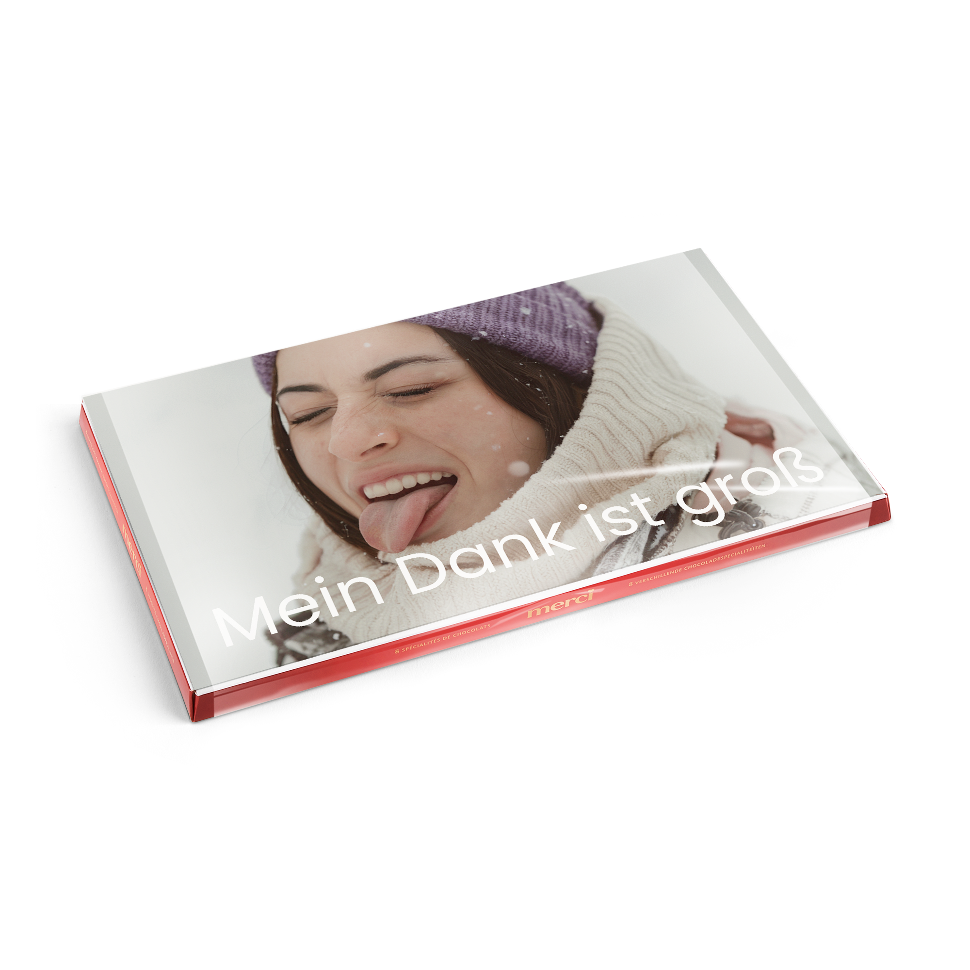 Merci Schokolade mit personalisierter Grußkarte - 400 Gramm mit Foto und Text Mein Dank ist groß bedruckt